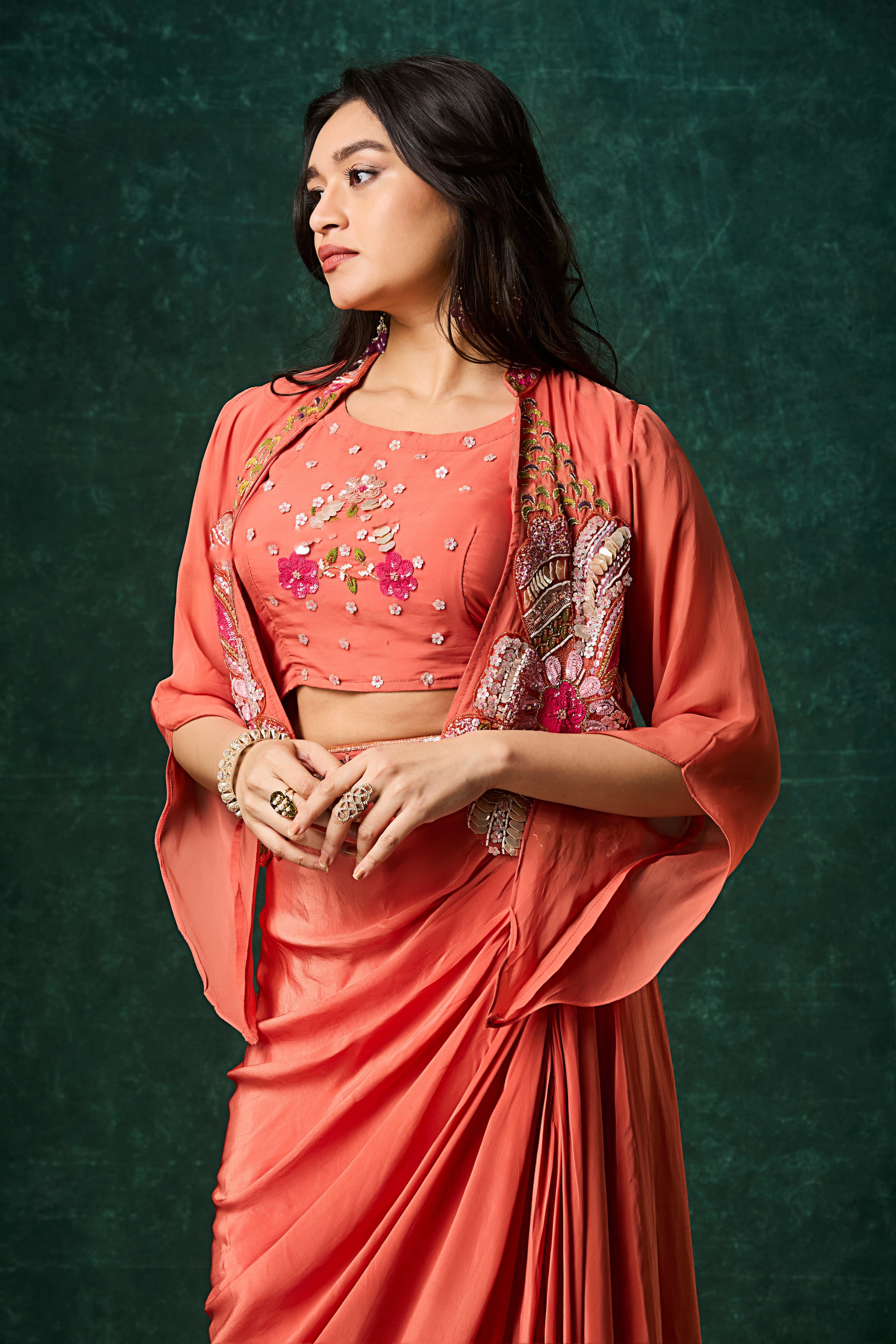 Terracotta Orange Embellished Crepe Silk Skirt Set