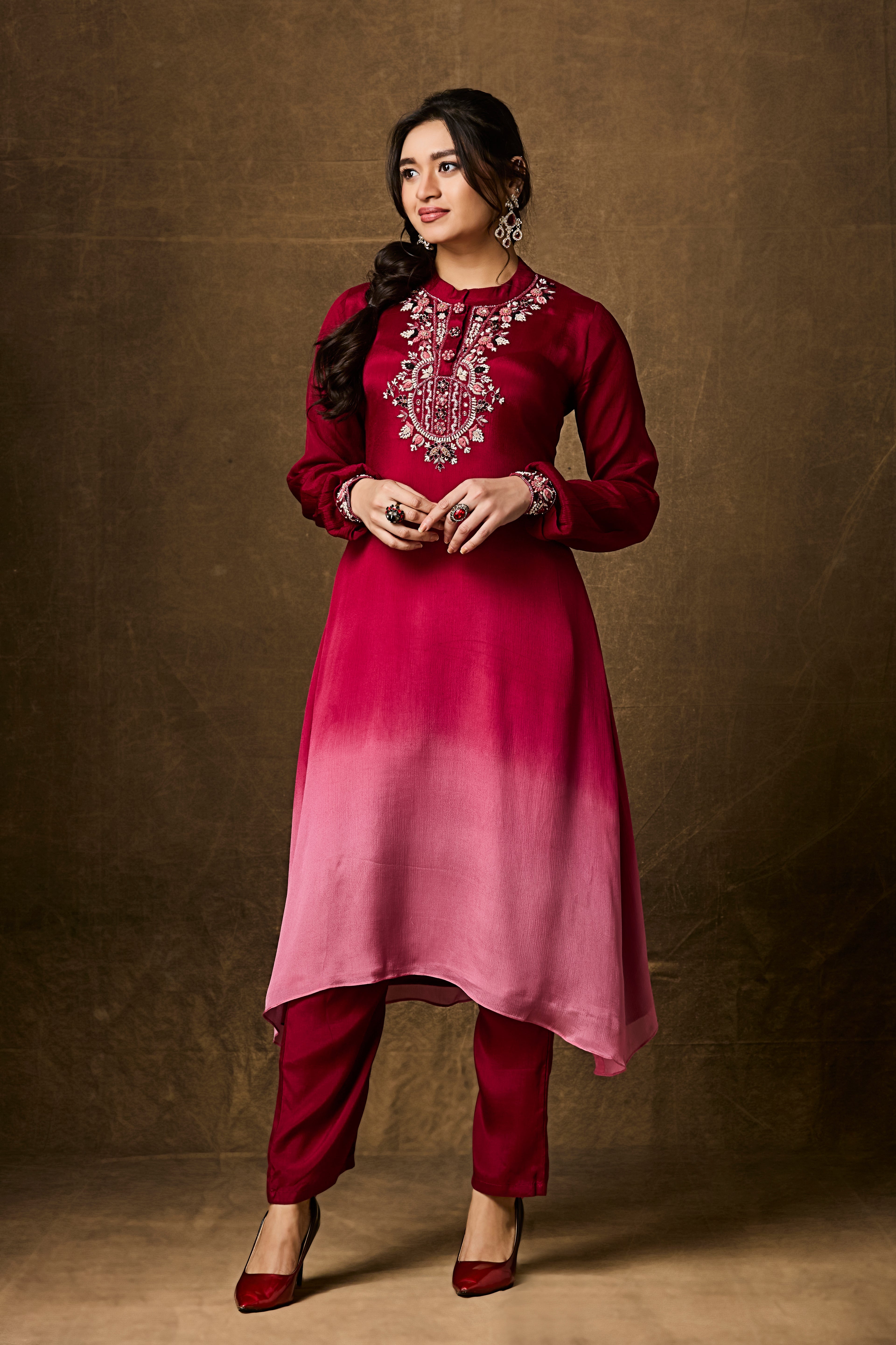Red and Pink Ombre Chinon Silk Kurta Set
