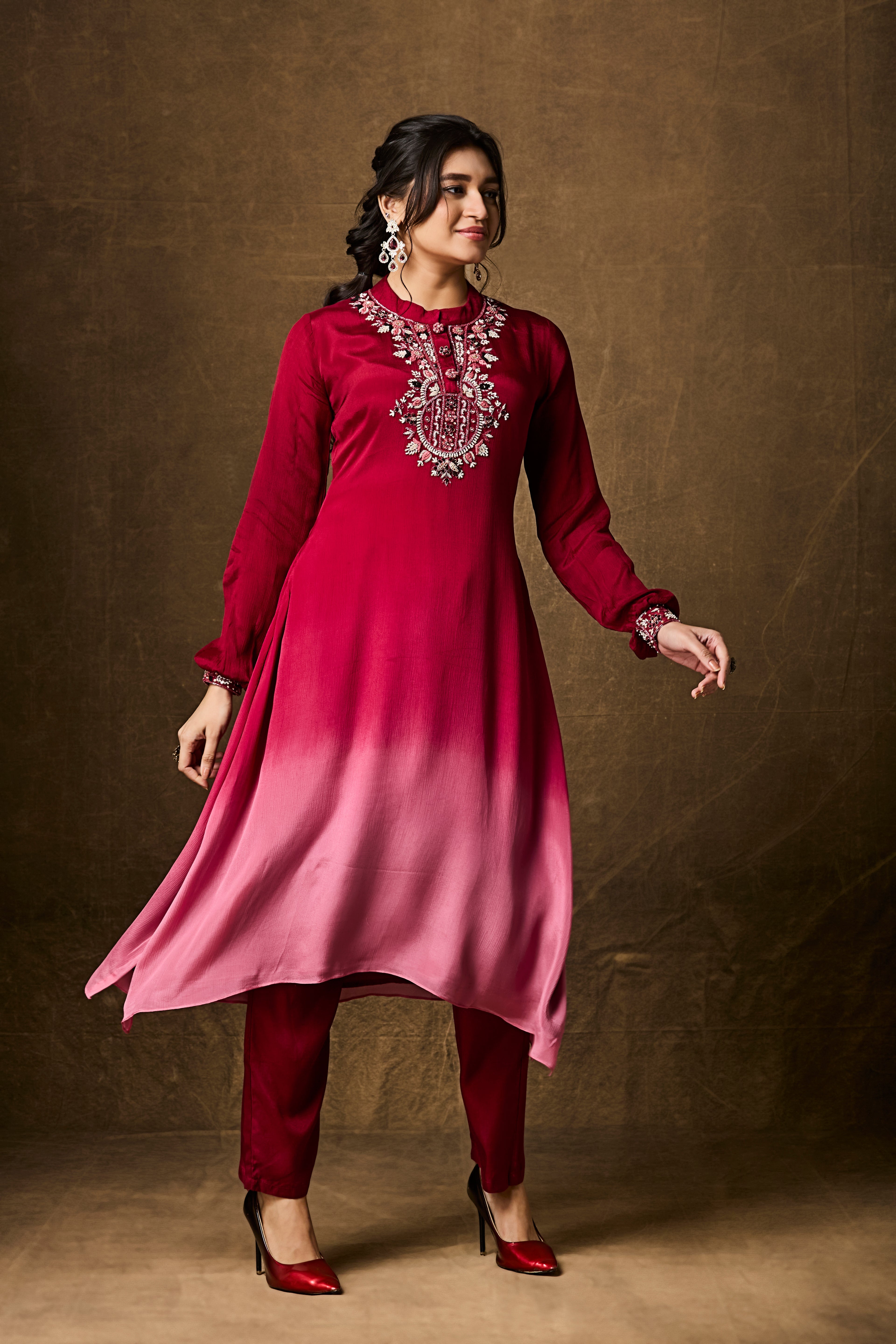 Red and Pink Ombre Chinon Silk Kurta Set