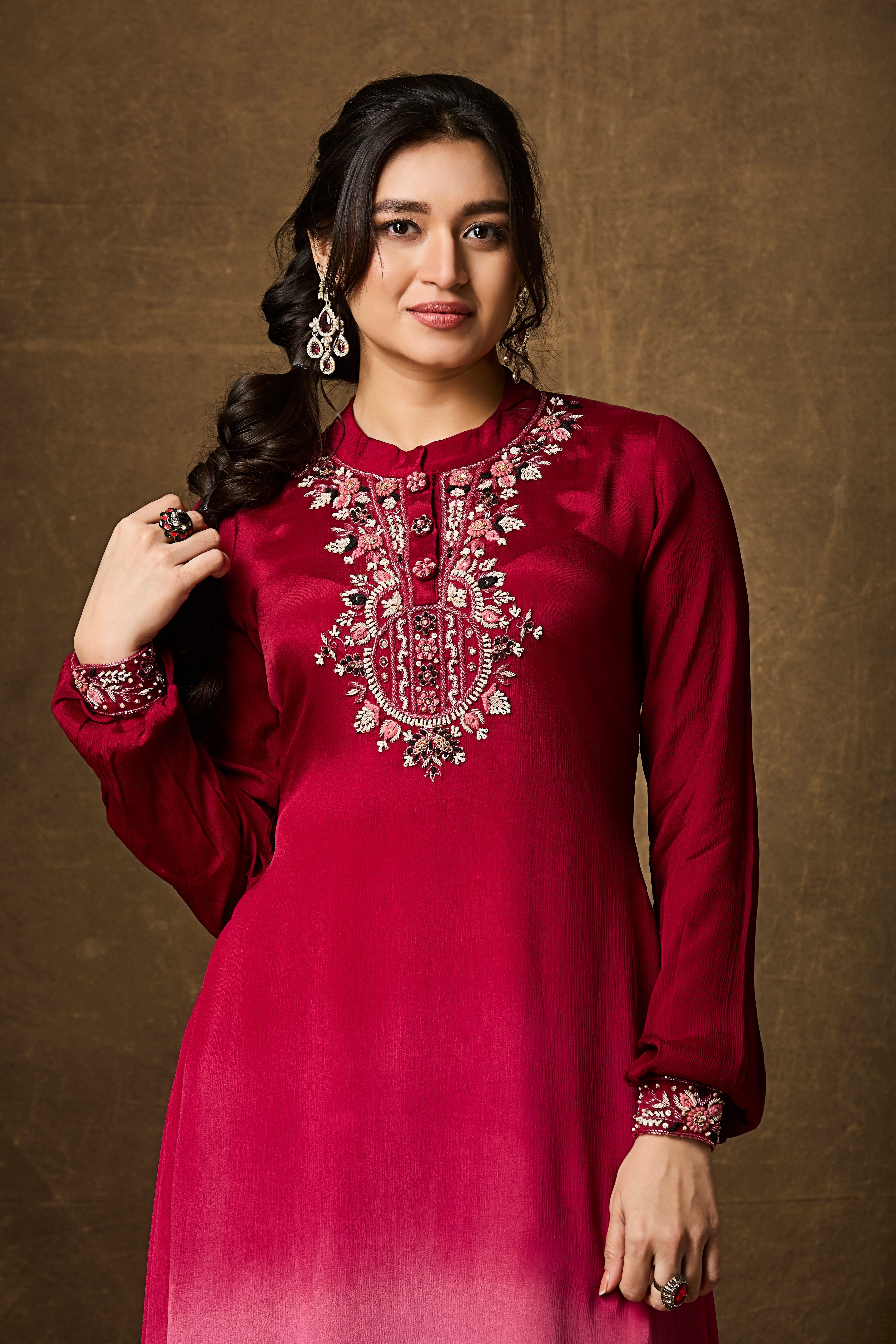 Red and Pink Ombre Chinon Silk Kurta Set