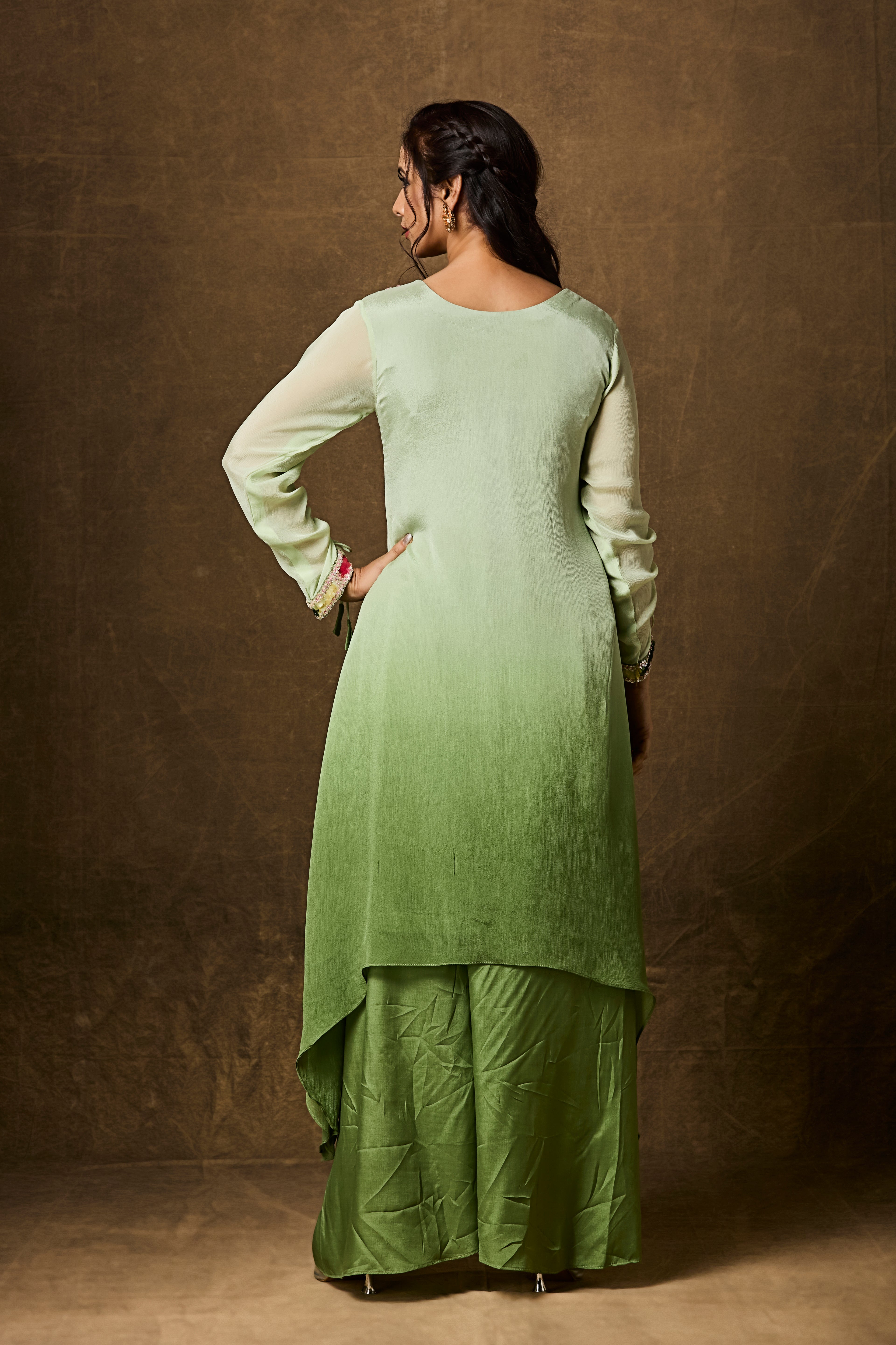 Lime Green Ombre Embellished Chinon Silk Kurta Set