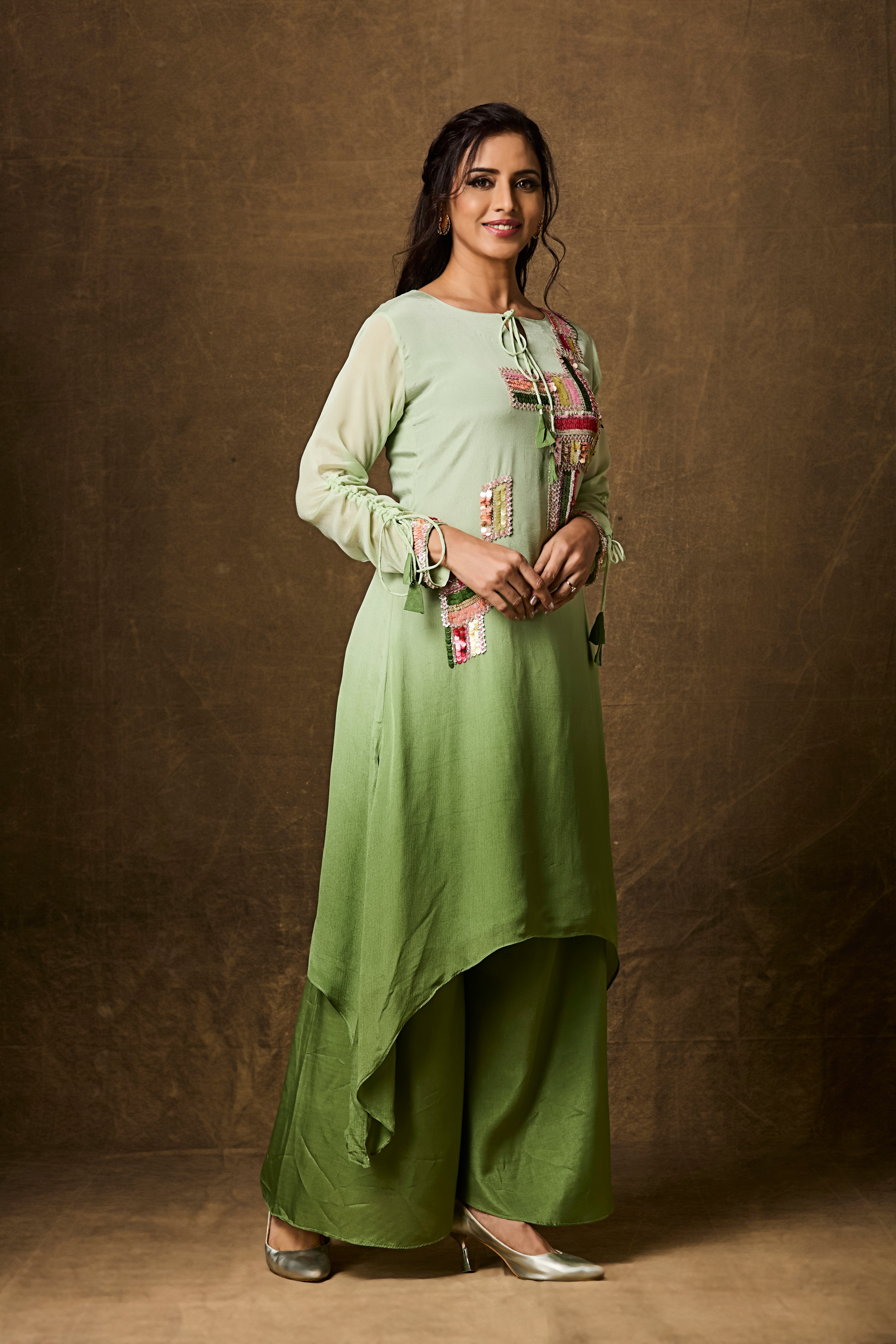 Lime Green Ombre Embellished Chinon Silk Kurta Set