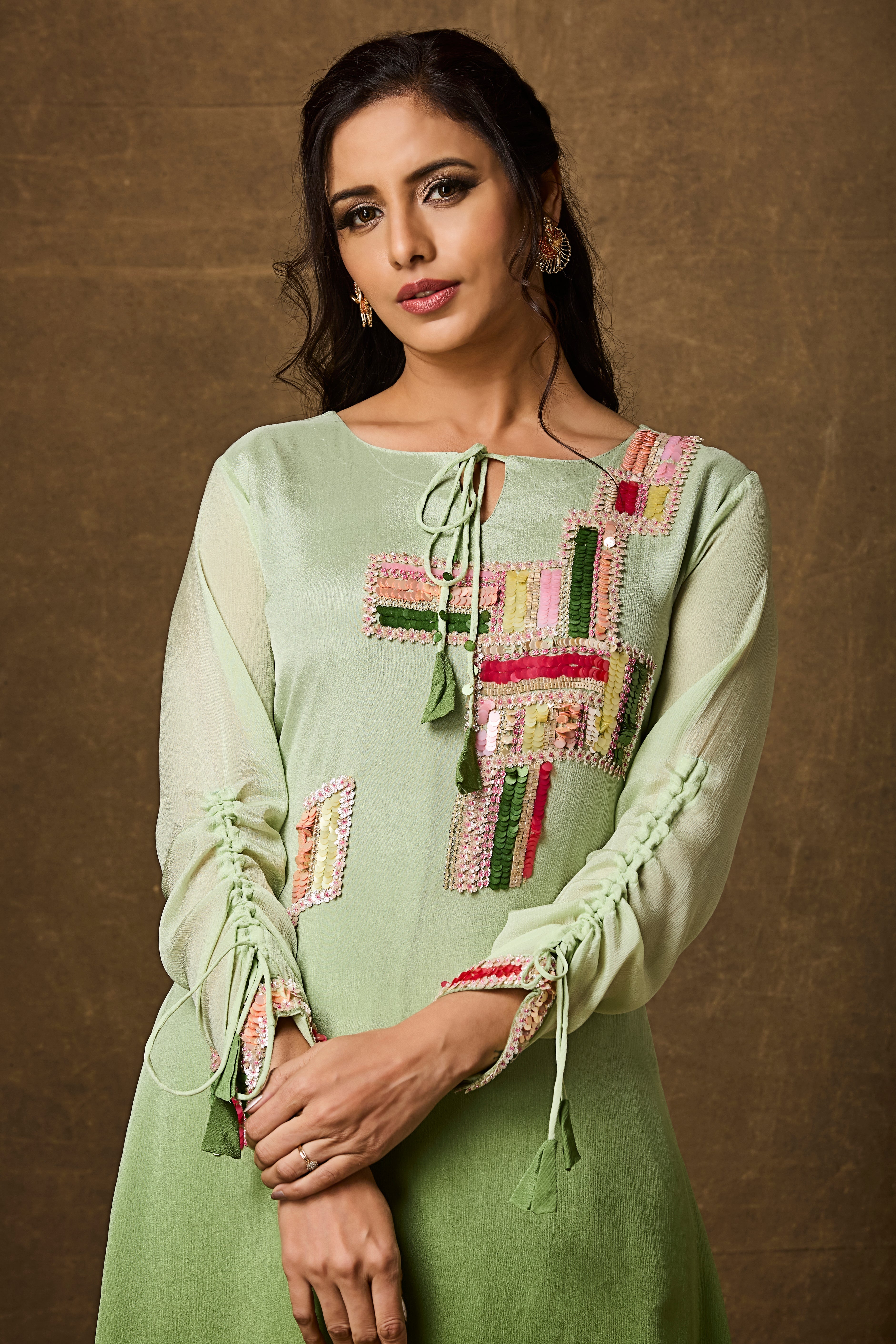 Lime Green Ombre Embellished Chinon Silk Kurta Set