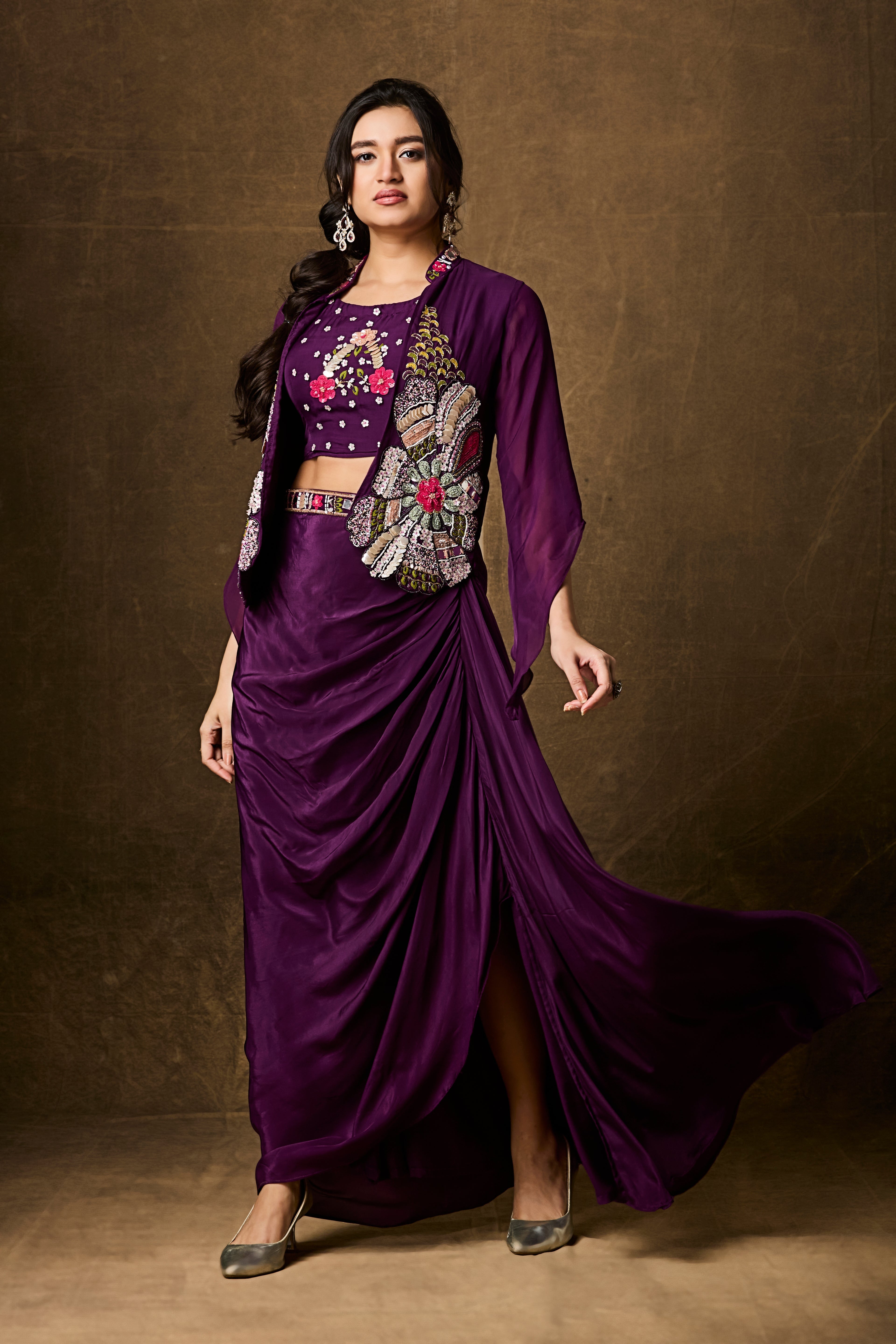 Royal Purple Embellished Crepe Silk Skirt Set