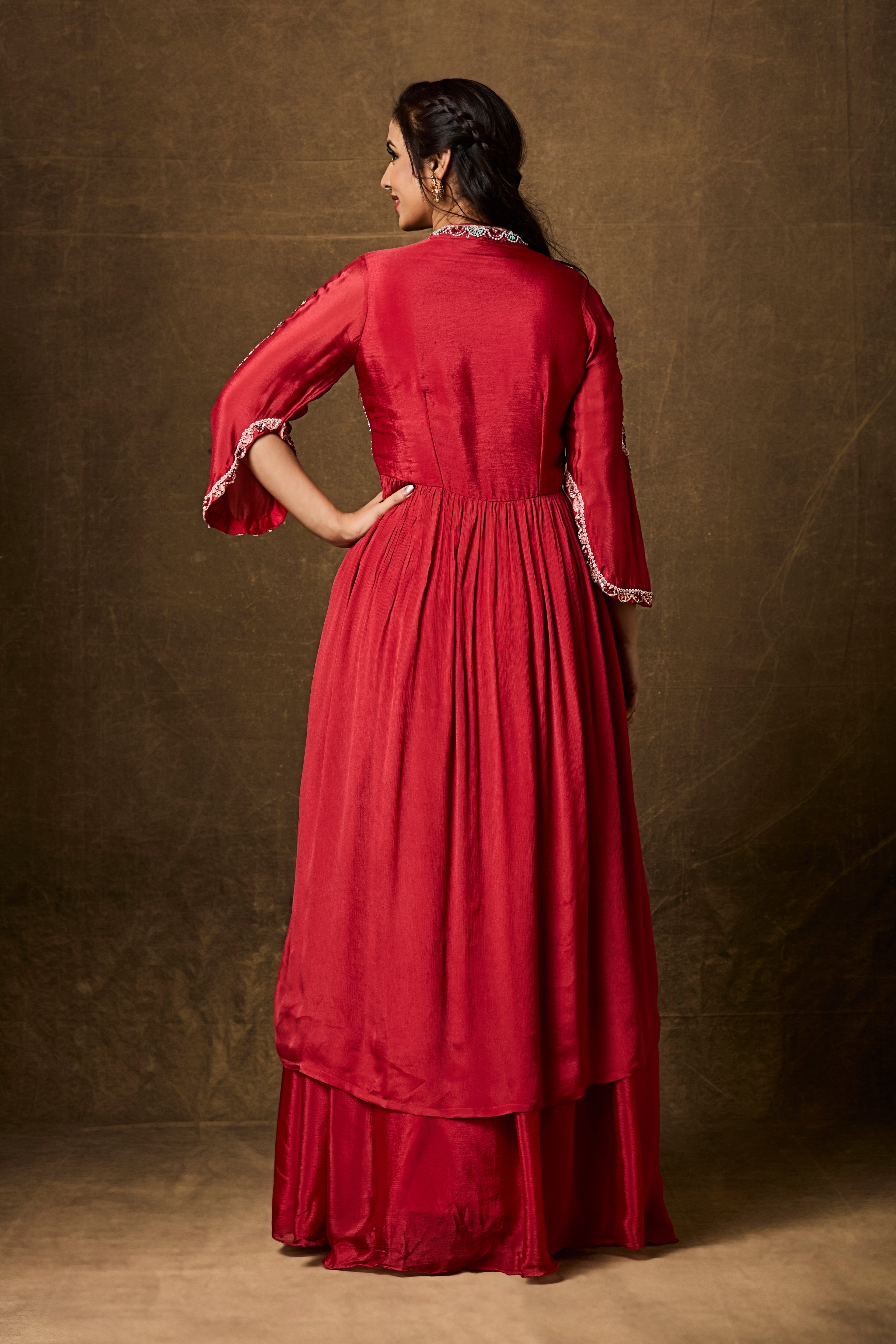 Crimson Red Embellished Chinon Silk Skirt Set