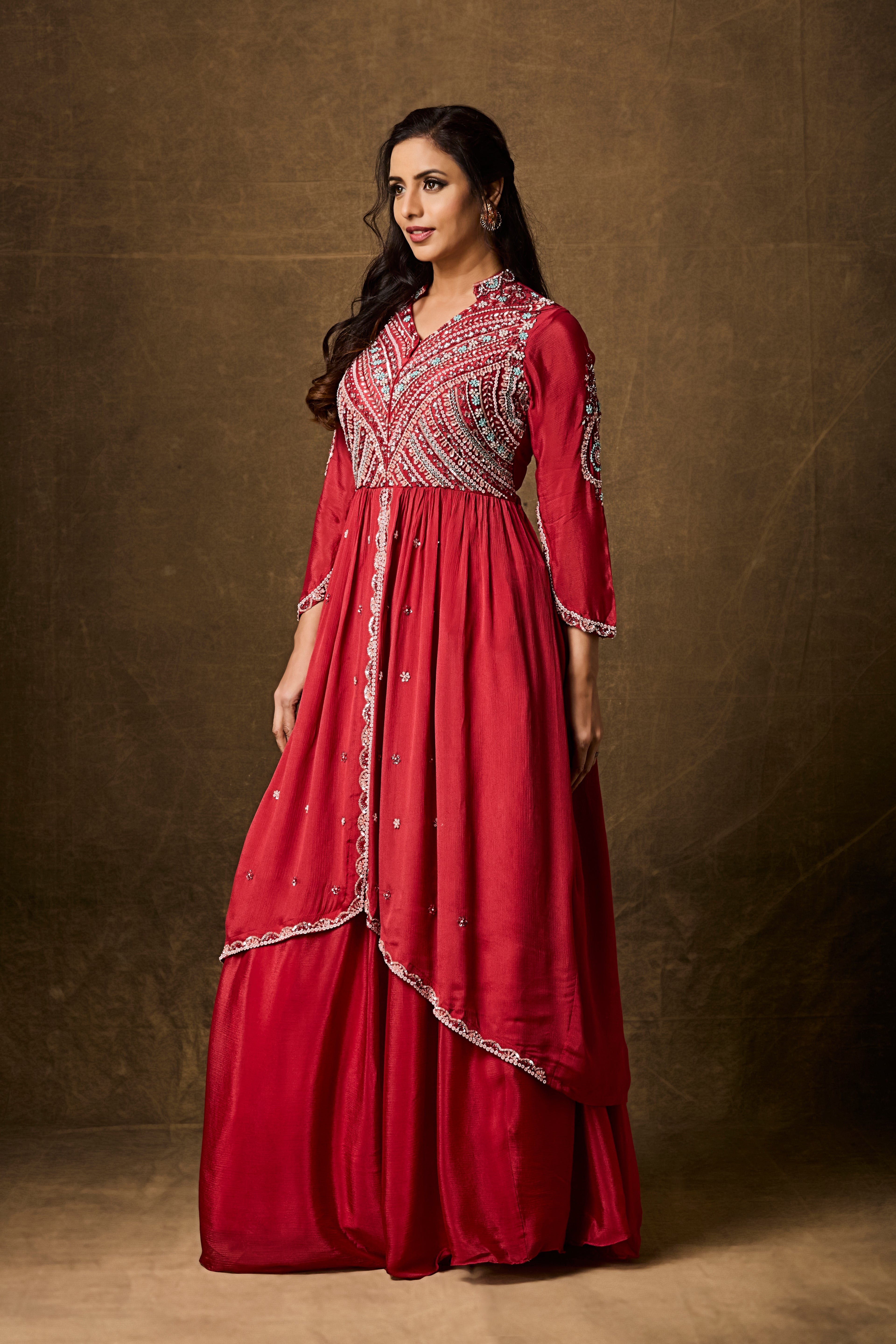 Crimson Red Embellished Chinon Silk Skirt Set