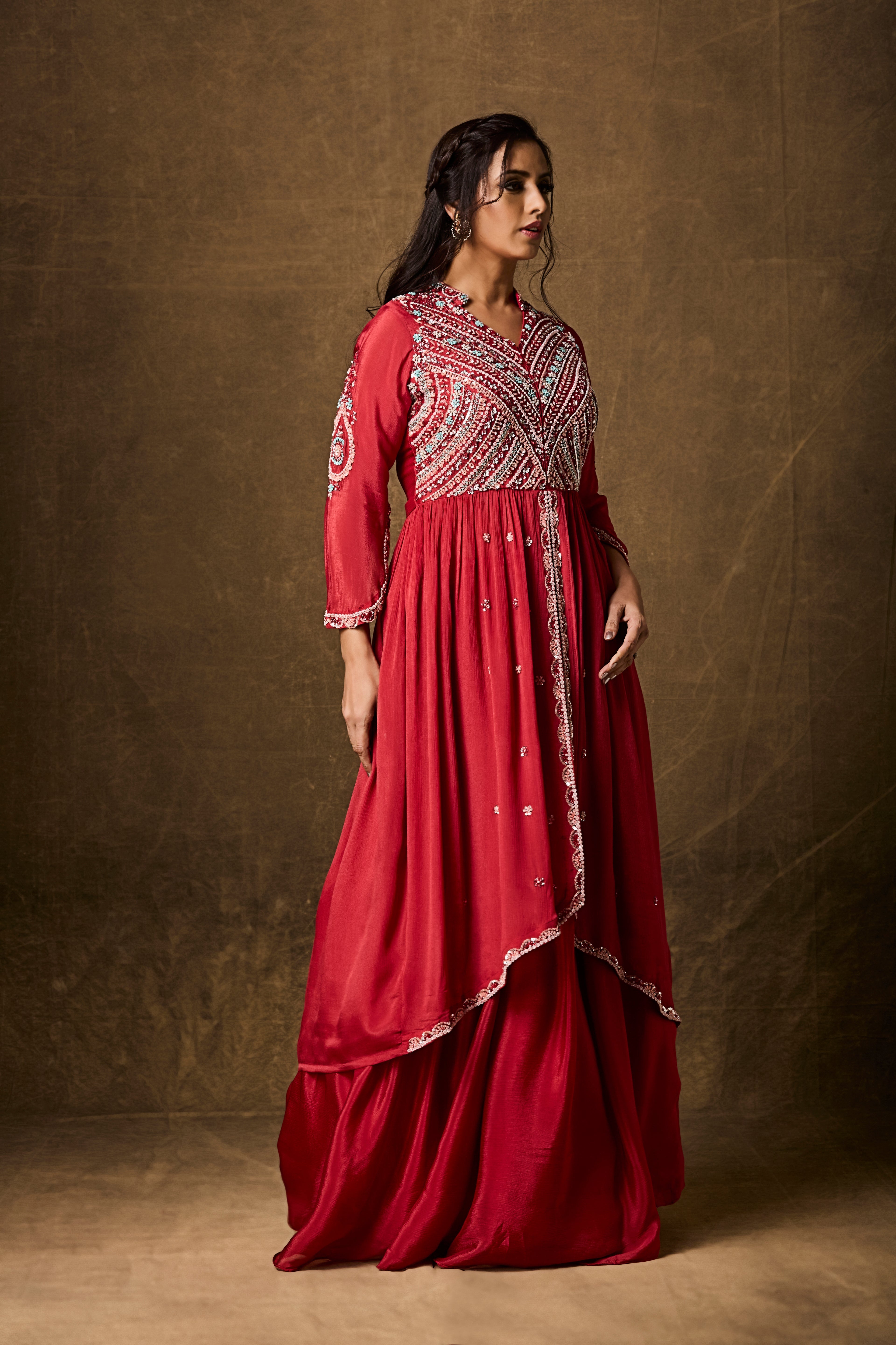 Crimson Red Embellished Chinon Silk Skirt Set