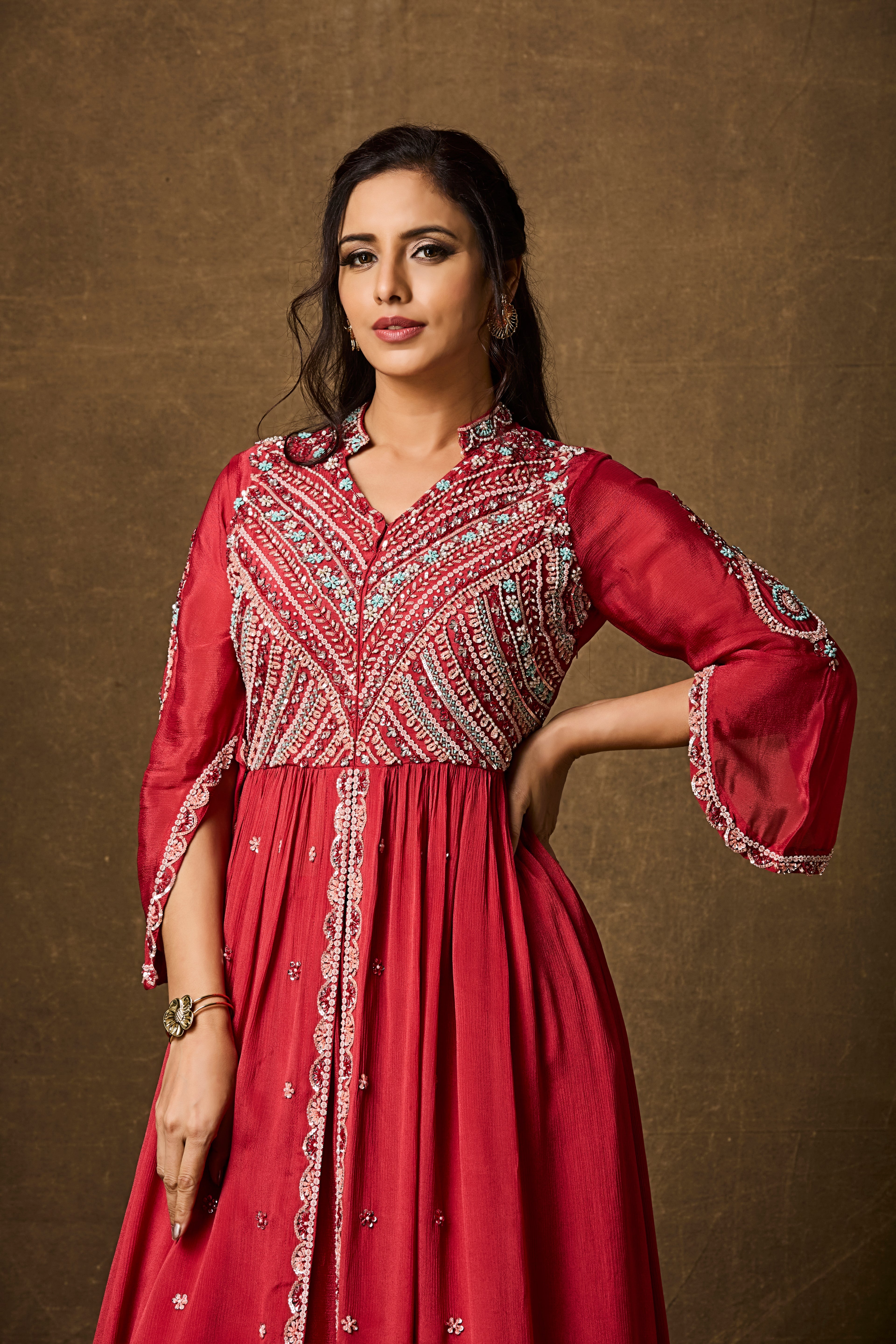 Crimson Red Embellished Chinon Silk Skirt Set