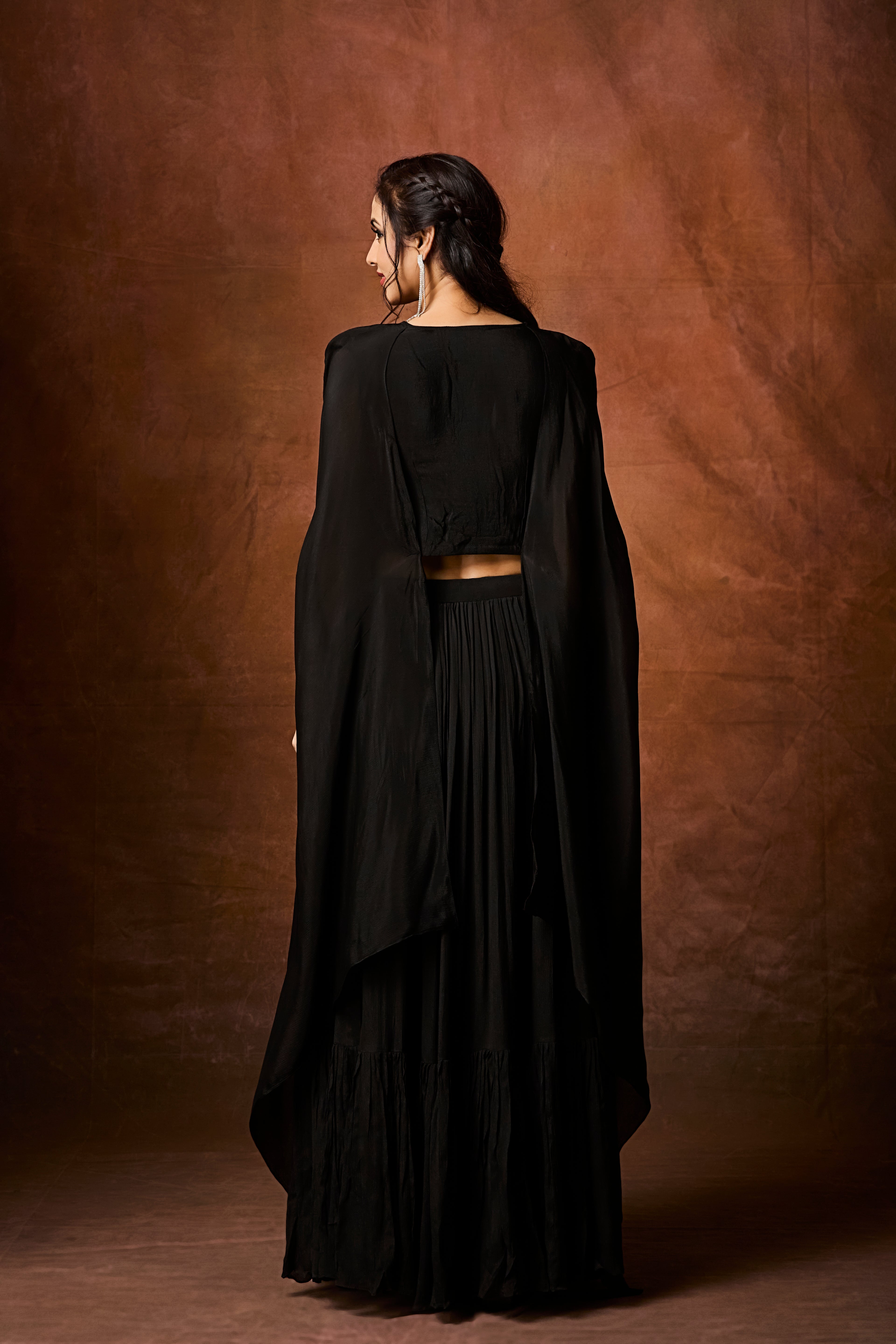 Classic Black Embellished Chinon Silk Skirt Set