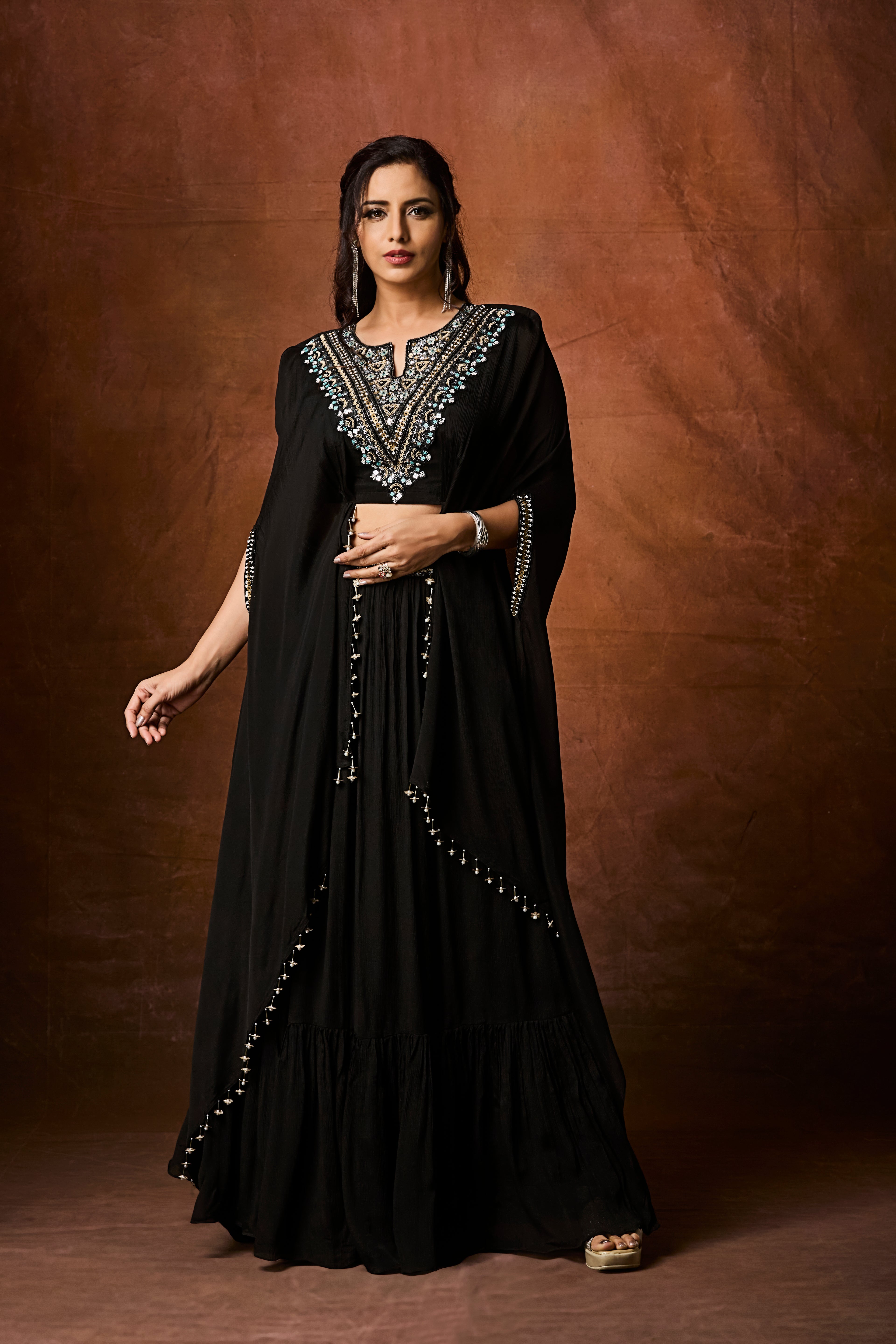 Classic Black Embellished Chinon Silk Skirt Set