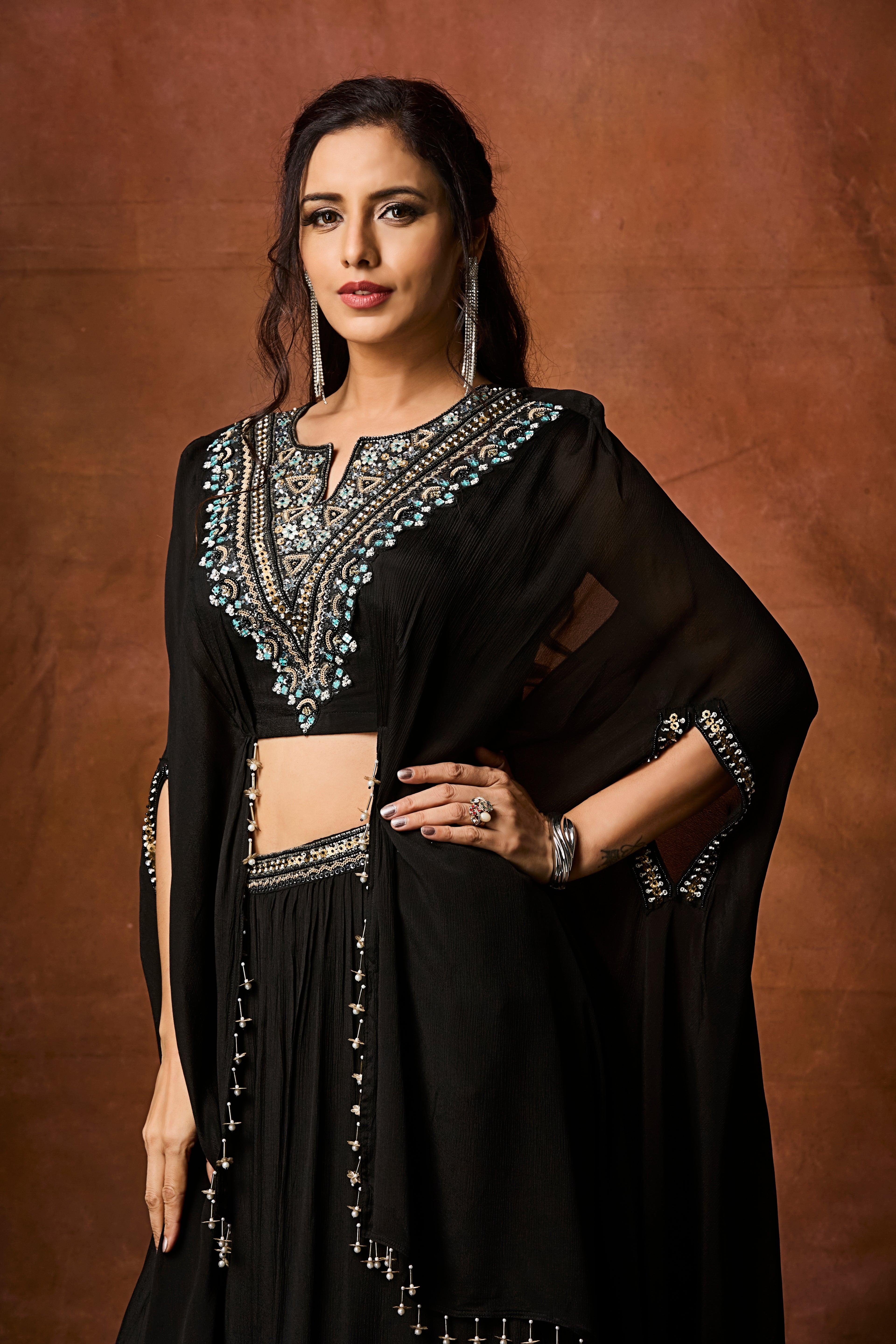 Classic Black Embellished Chinon Silk Skirt Set