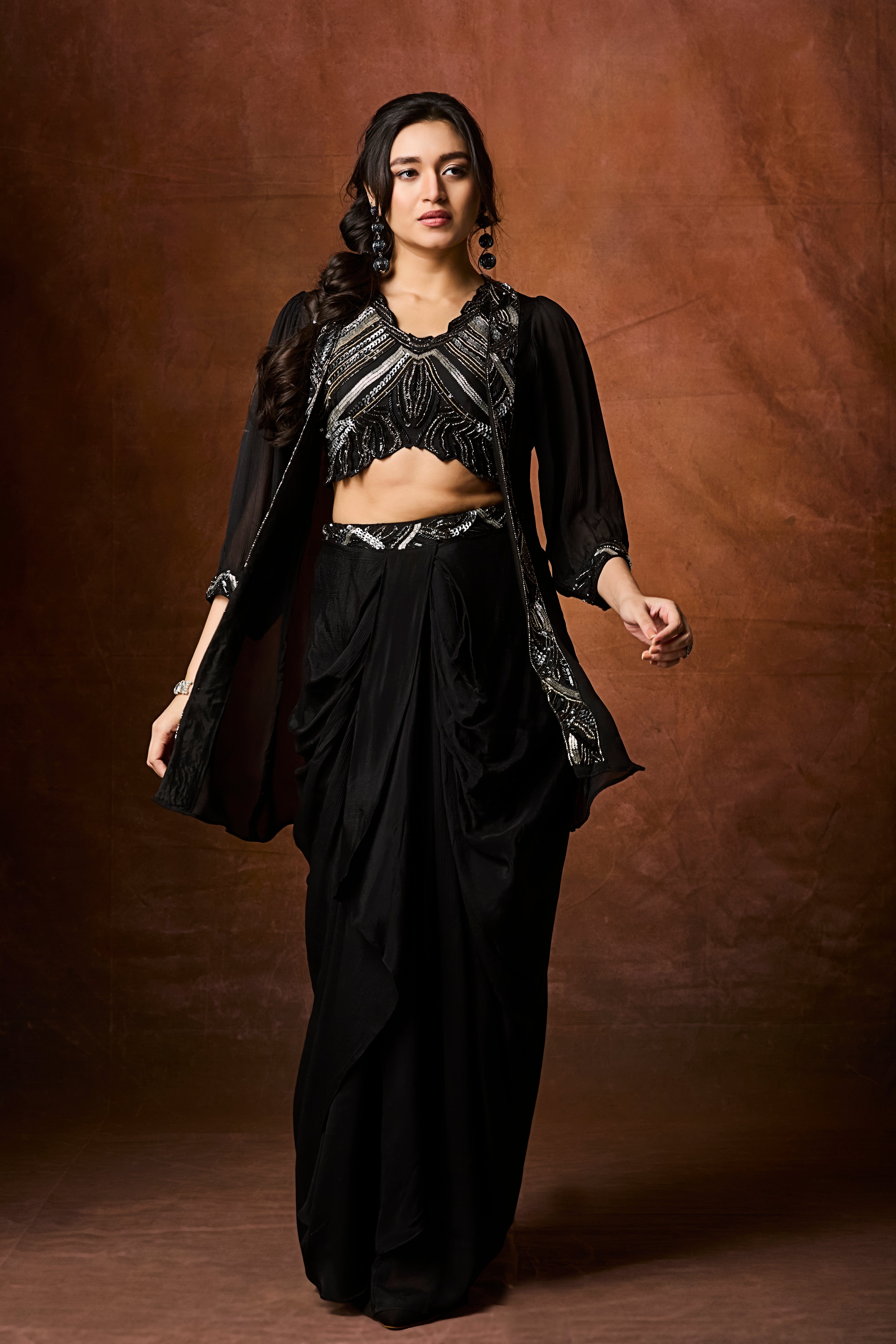 Midnight Black Embellished Chinon Silk Skirt Set