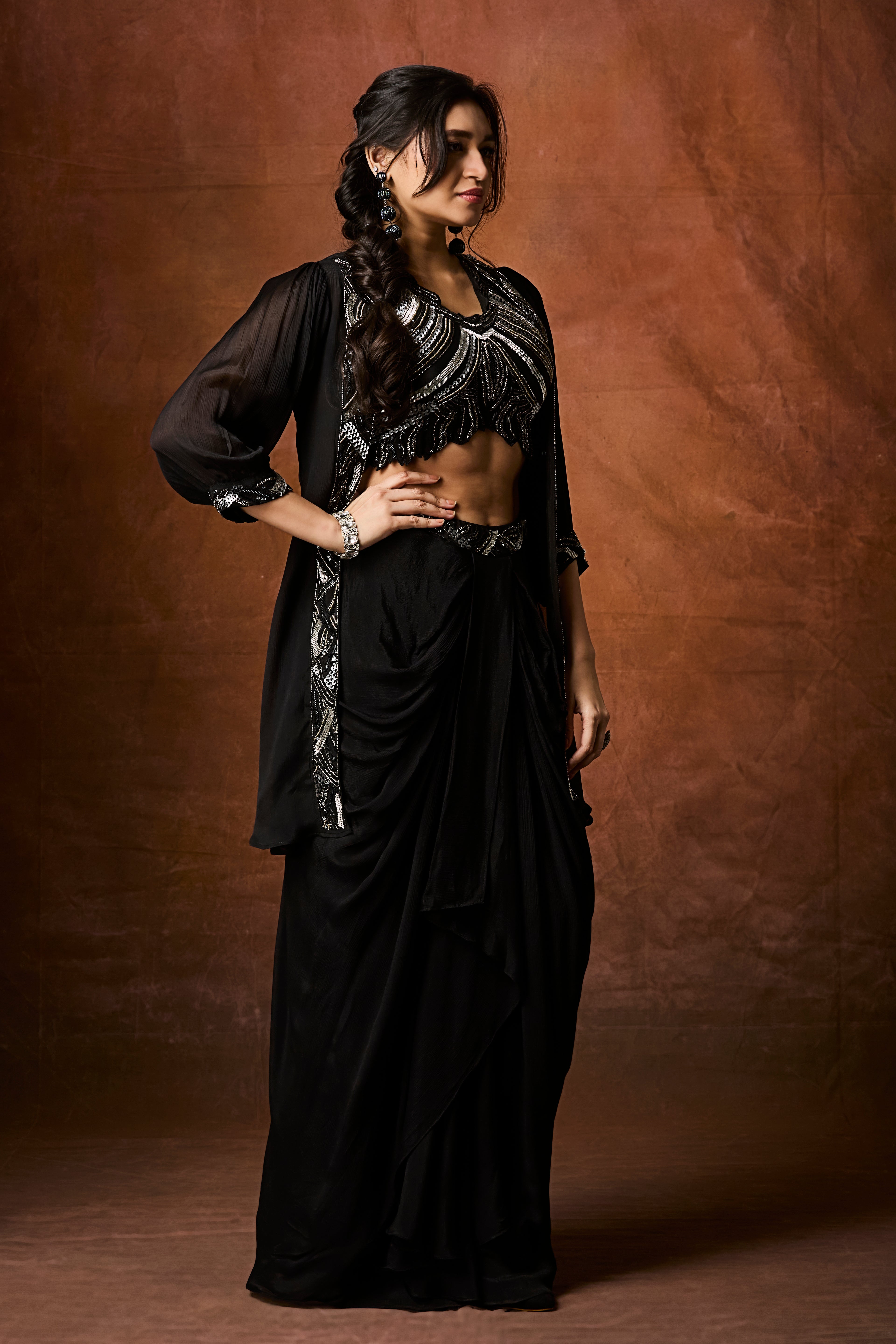 Midnight Black Embellished Chinon Silk Skirt Set