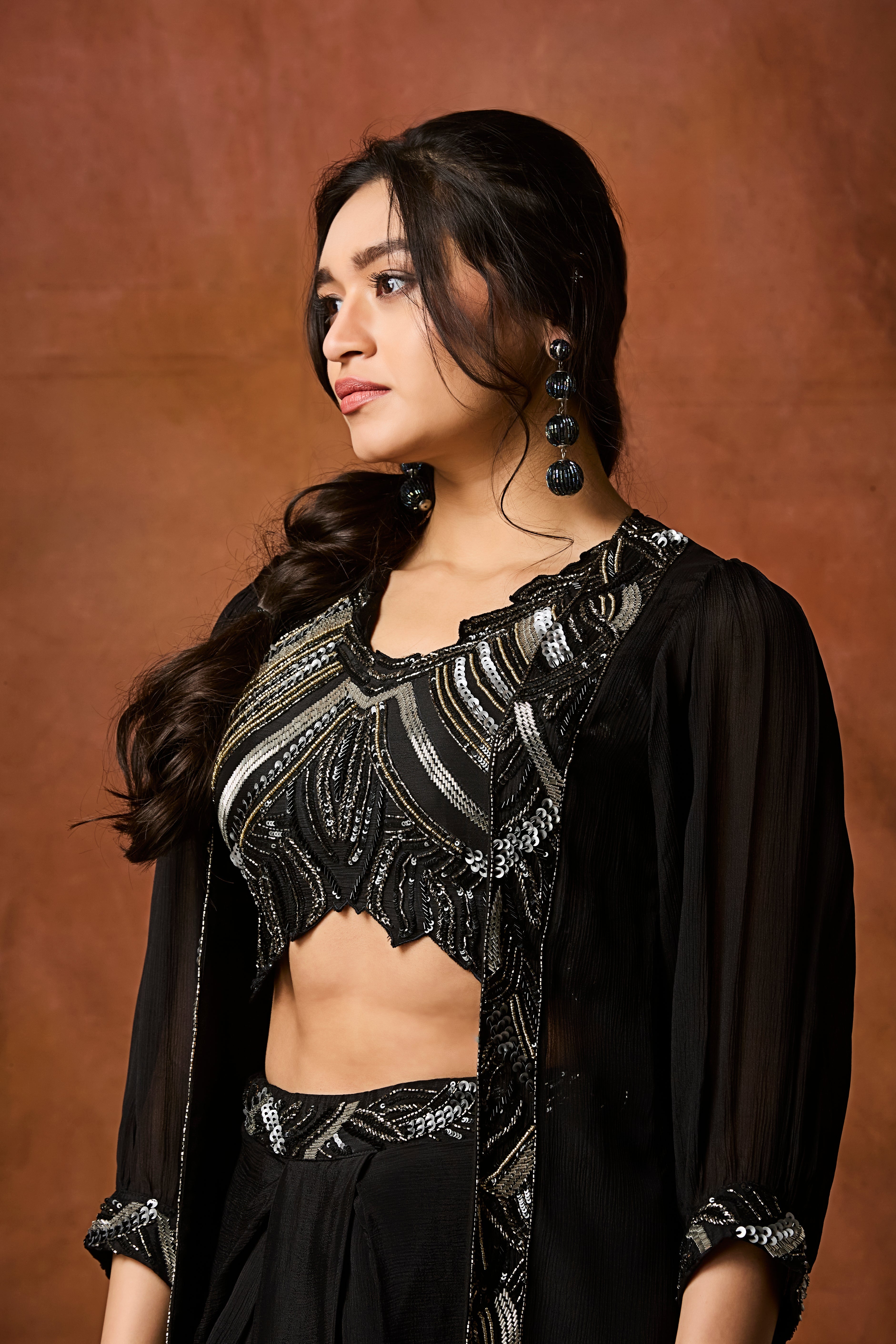 Midnight Black Embellished Chinon Silk Skirt Set