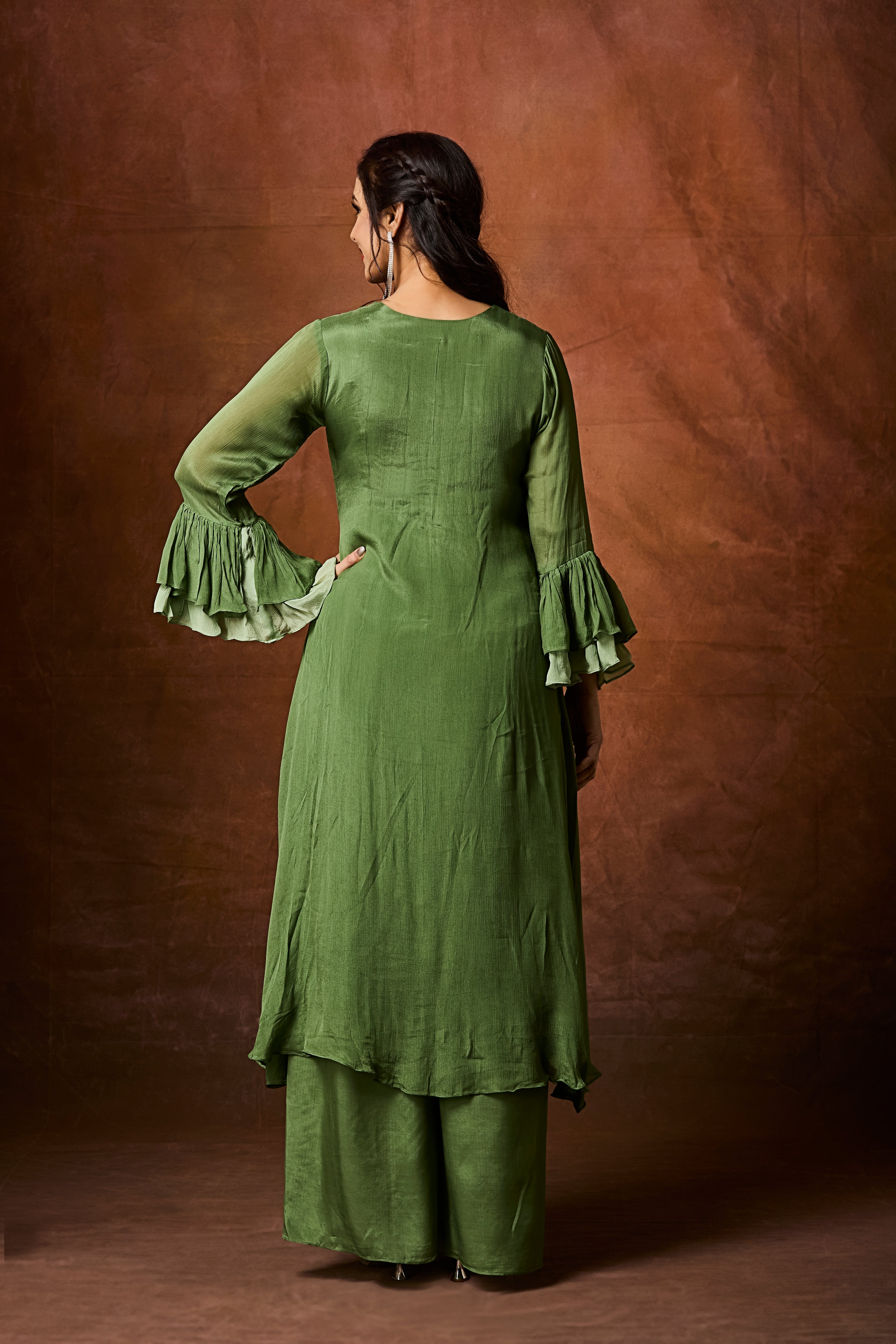 Deep Moss Green Embellished Chinon Silk Palazzo Set