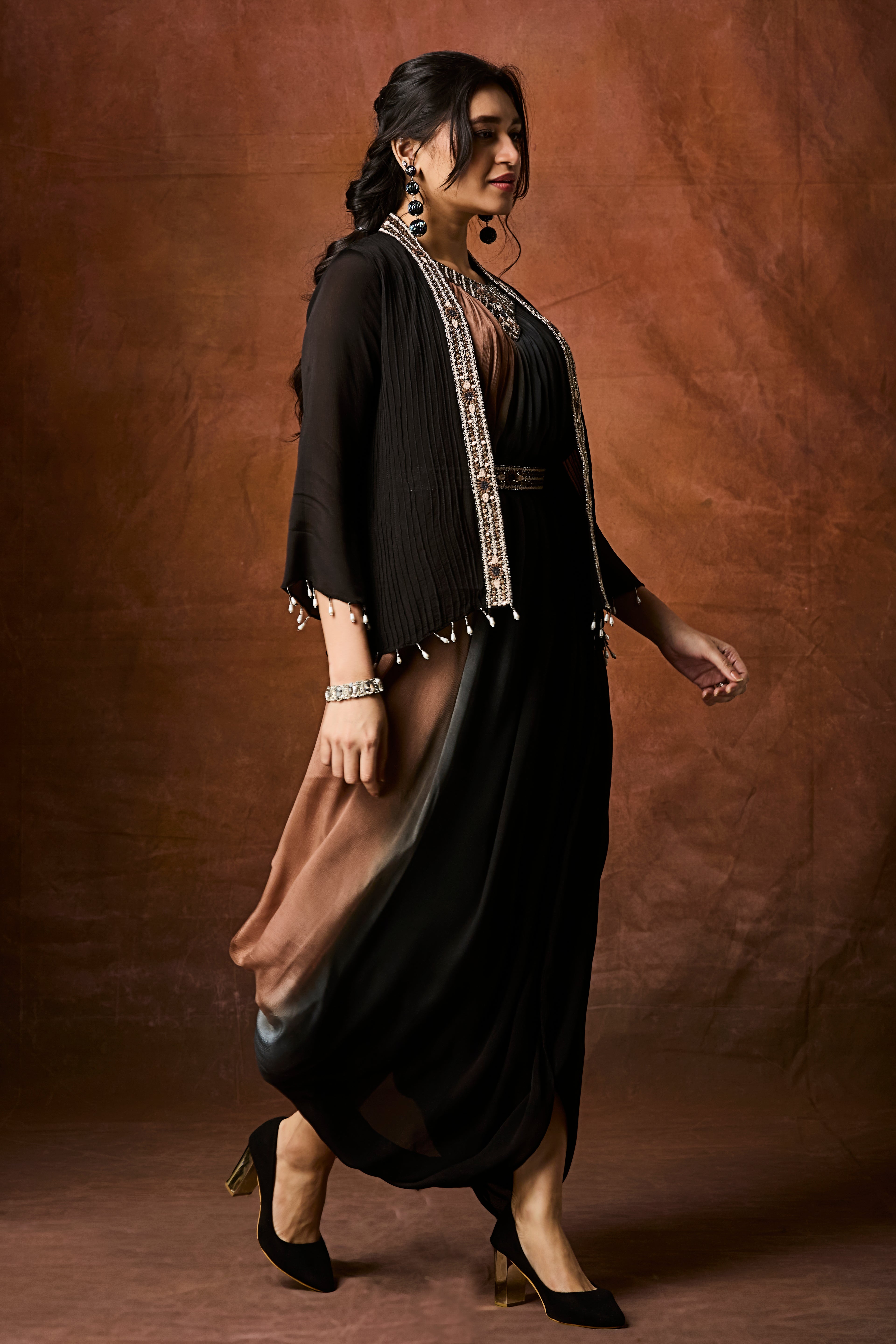 Black To Tan Ombre Chinon Silk Cowl Dress