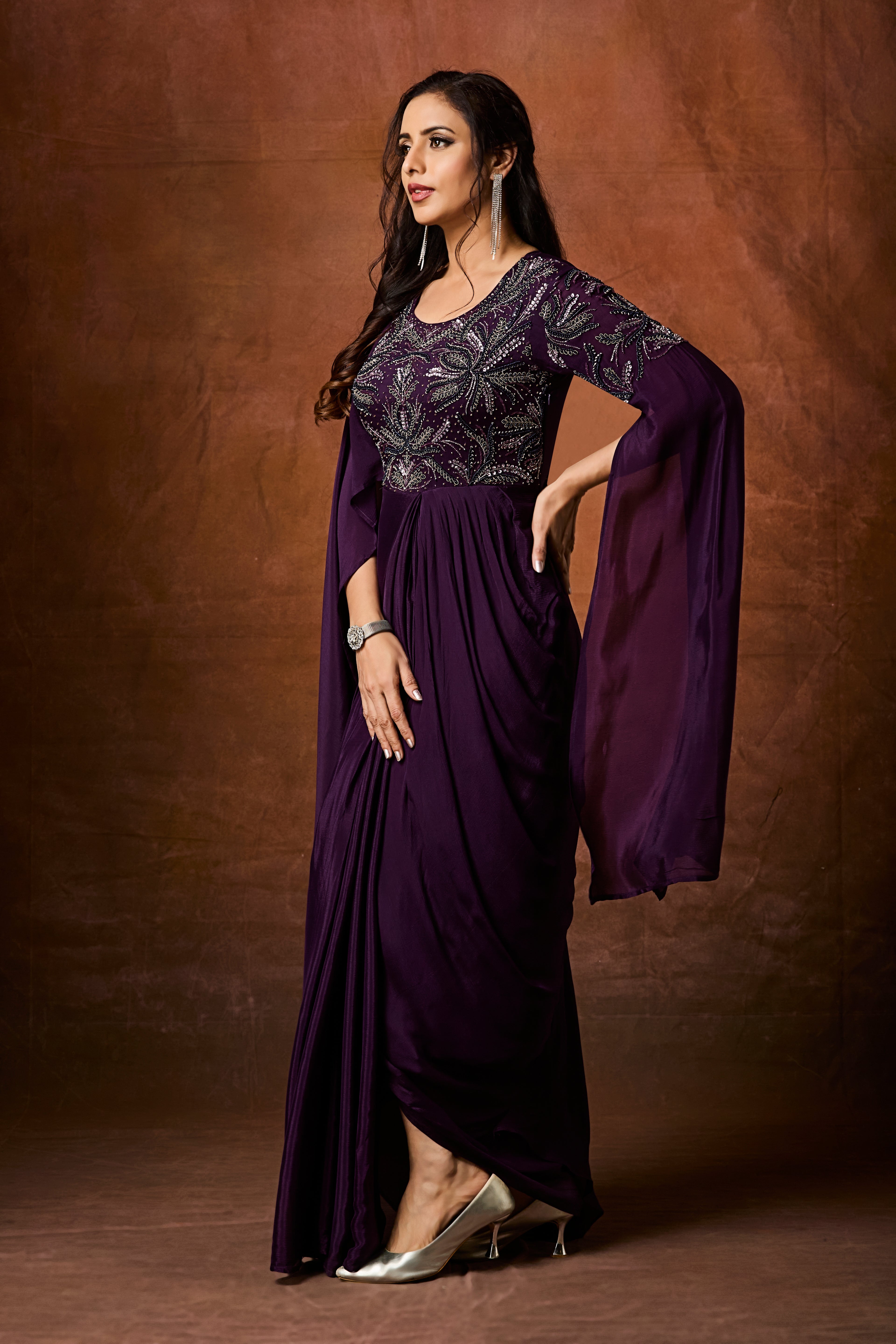 Imperial Plum Embellished Chinon Silk Gown