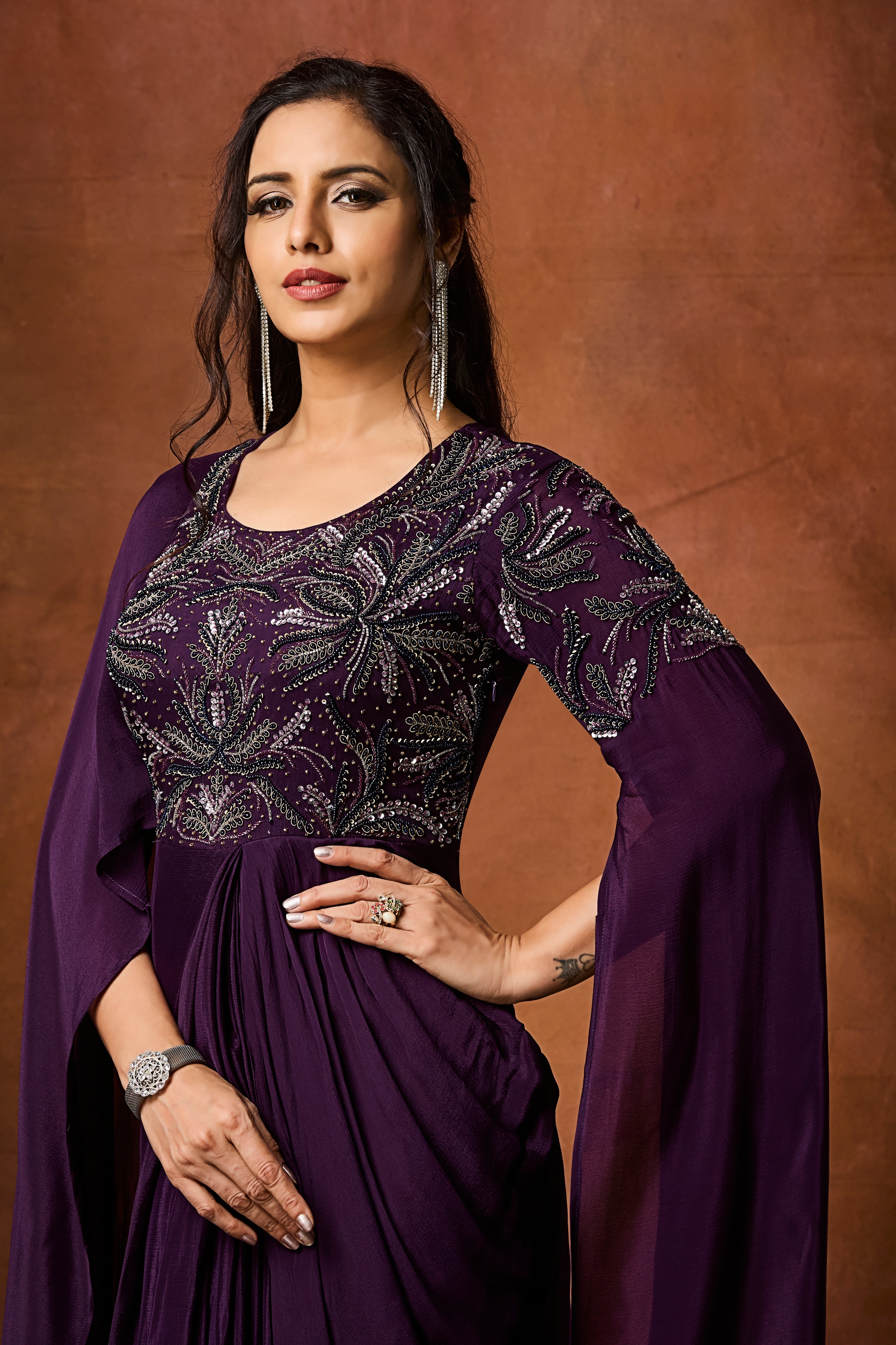 Imperial Plum Embellished Chinon Silk Gown