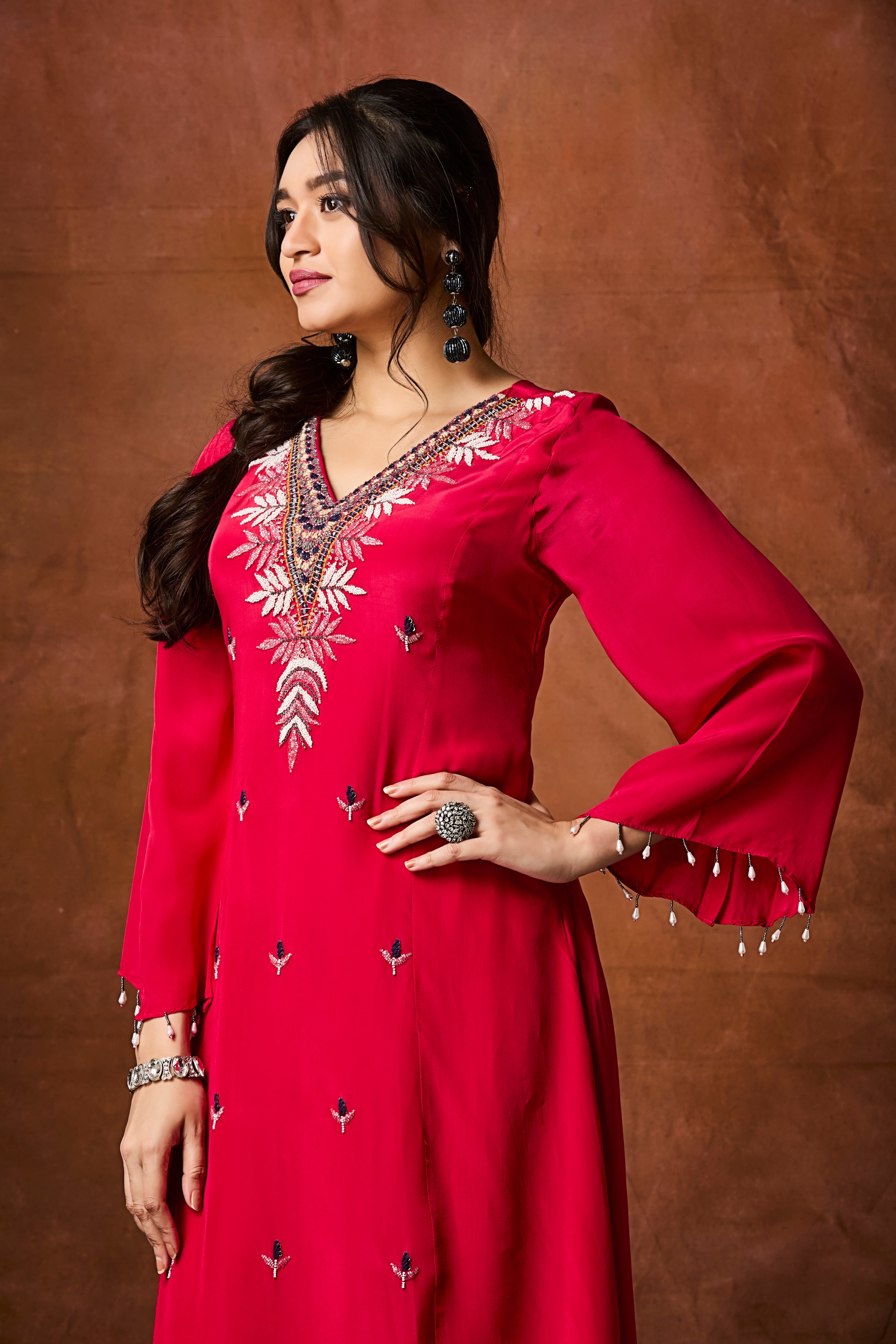 Crimson Red Embellished Chinon Silk Kurta Set