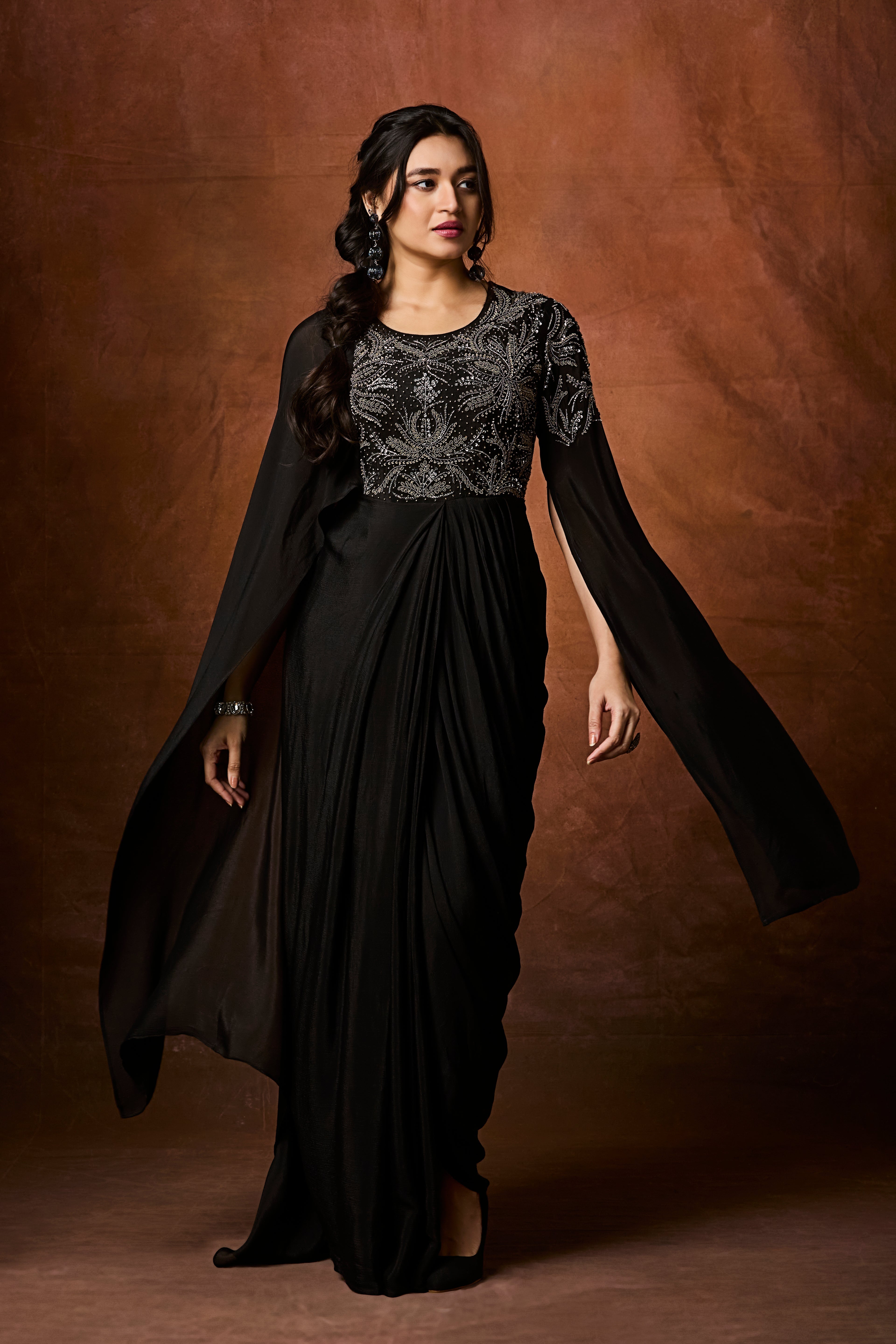 Chic Black Embellished Chinon Silk Gown