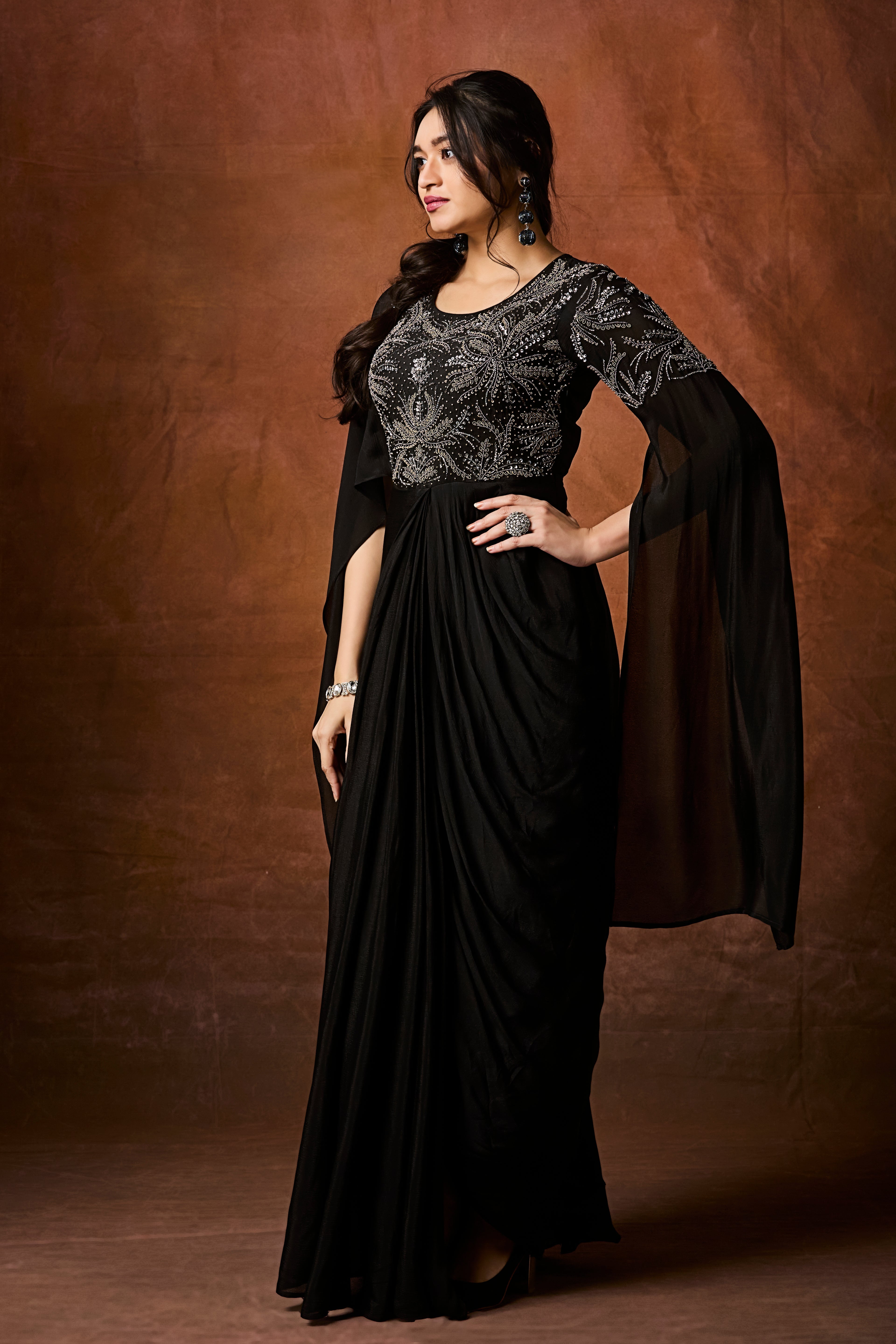 Chic Black Embellished Chinon Silk Gown