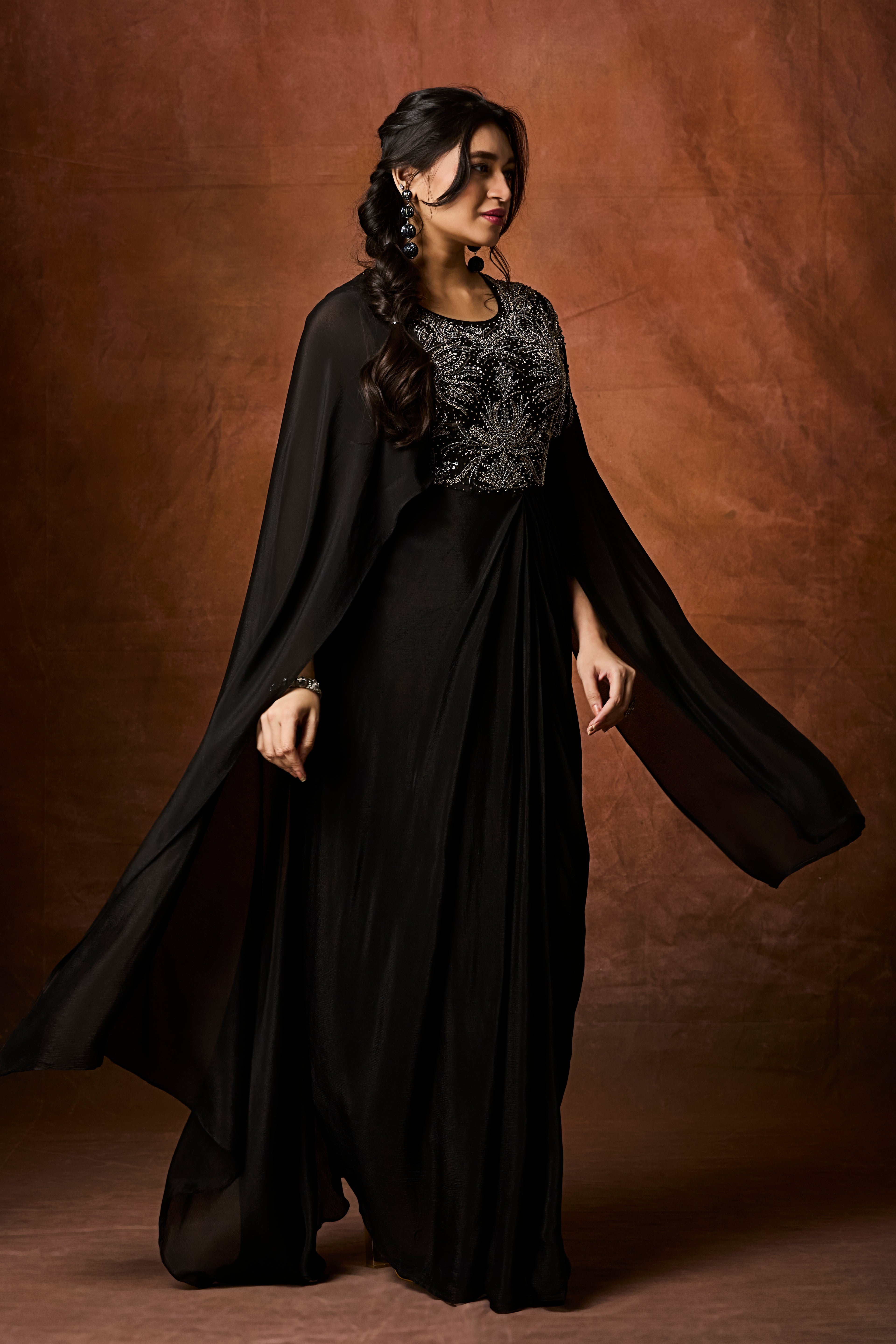 Chic Black Embellished Chinon Silk Gown