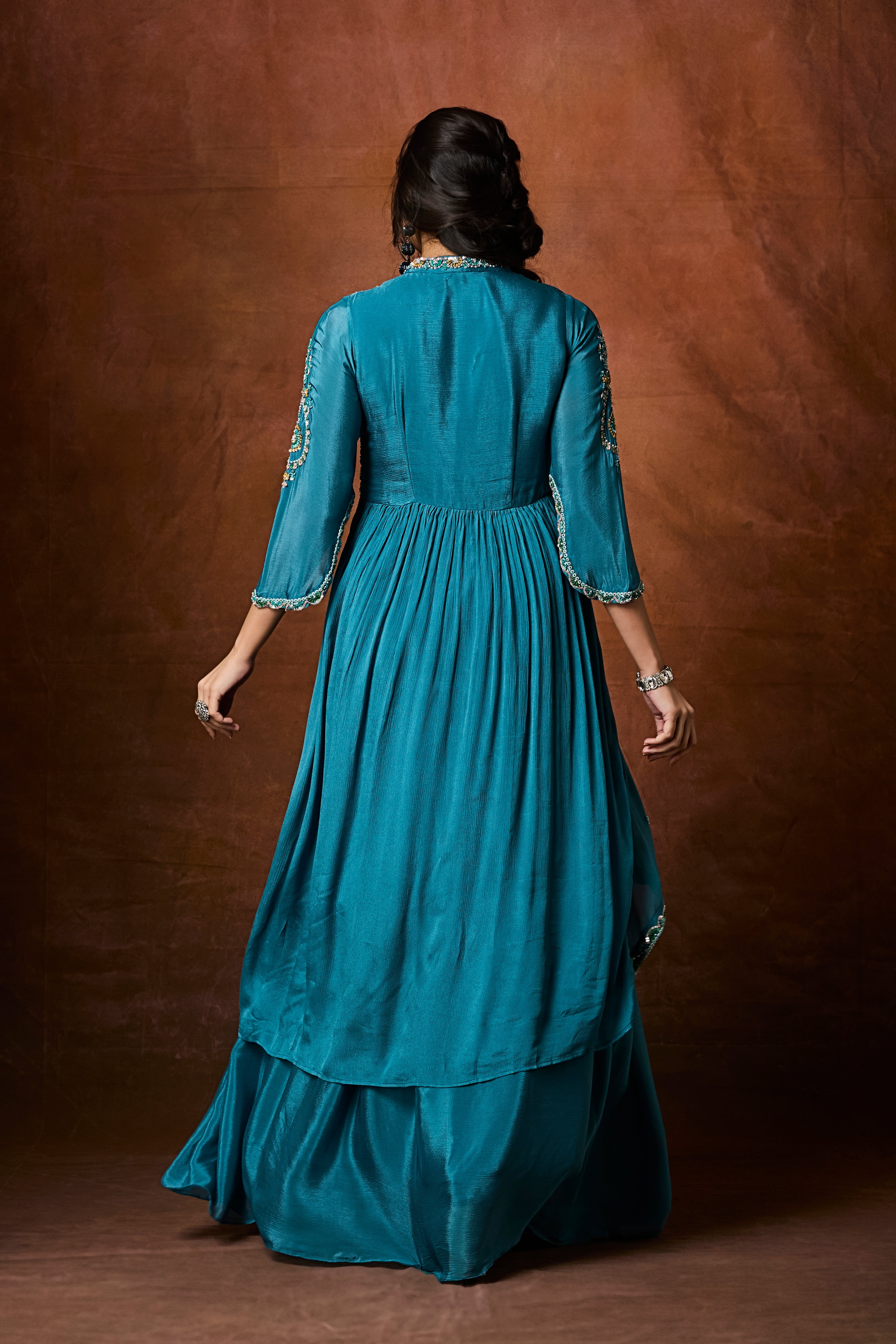 Ocean Blue Embellished Chinon Silk Skirt Set