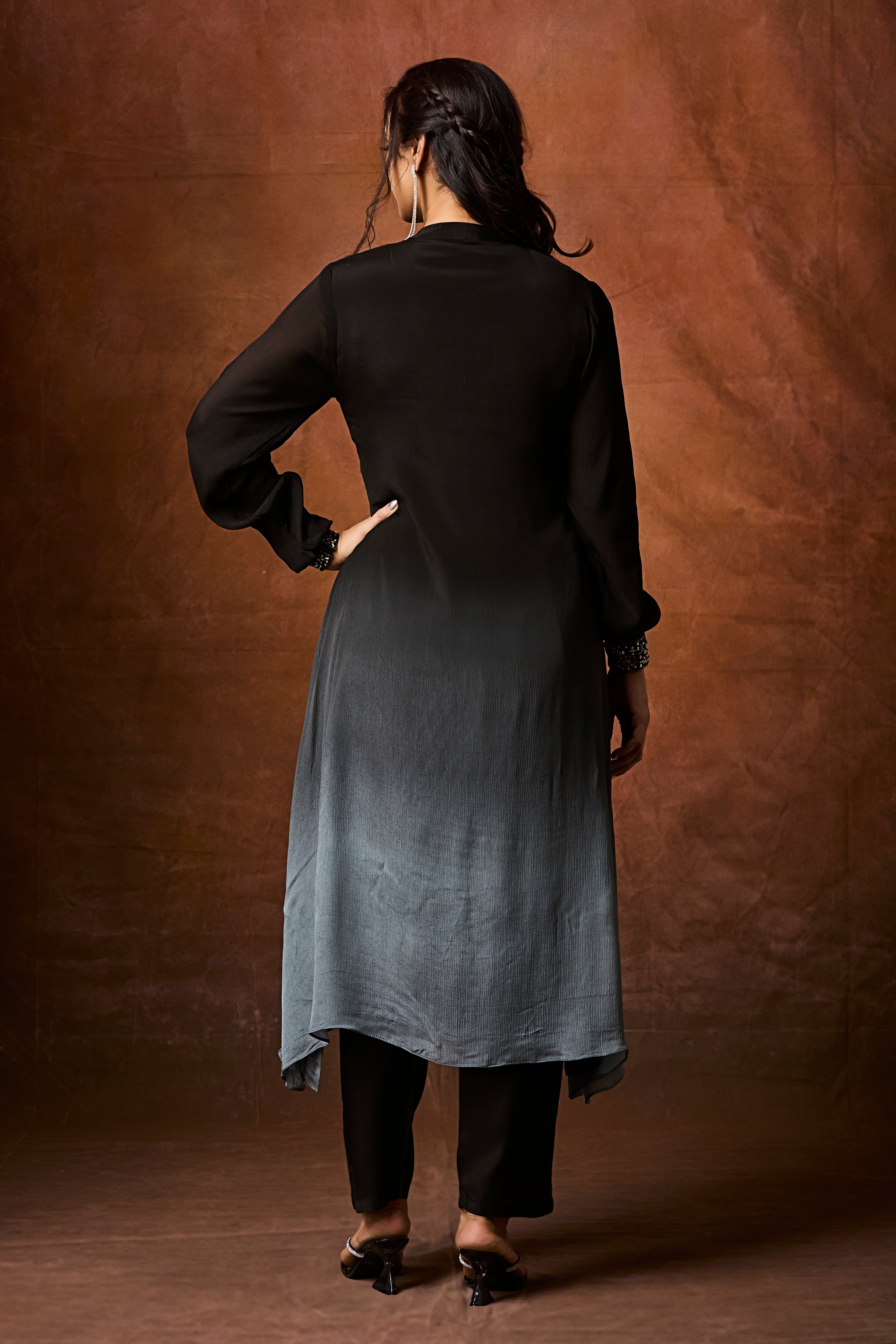 Black and Grey Ombre Chinon Silk Kurta Set