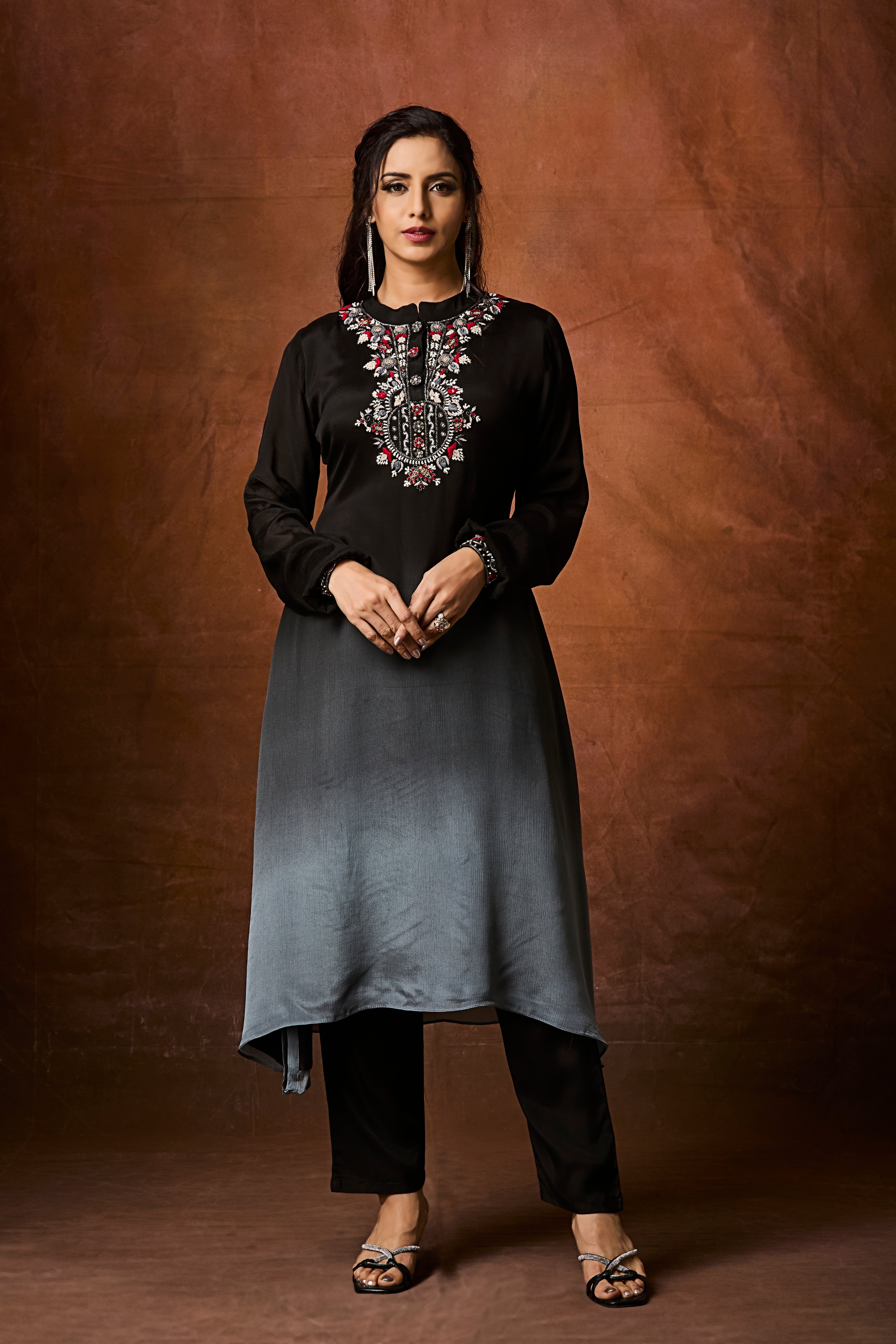Black and Grey Ombre Chinon Silk Kurta Set