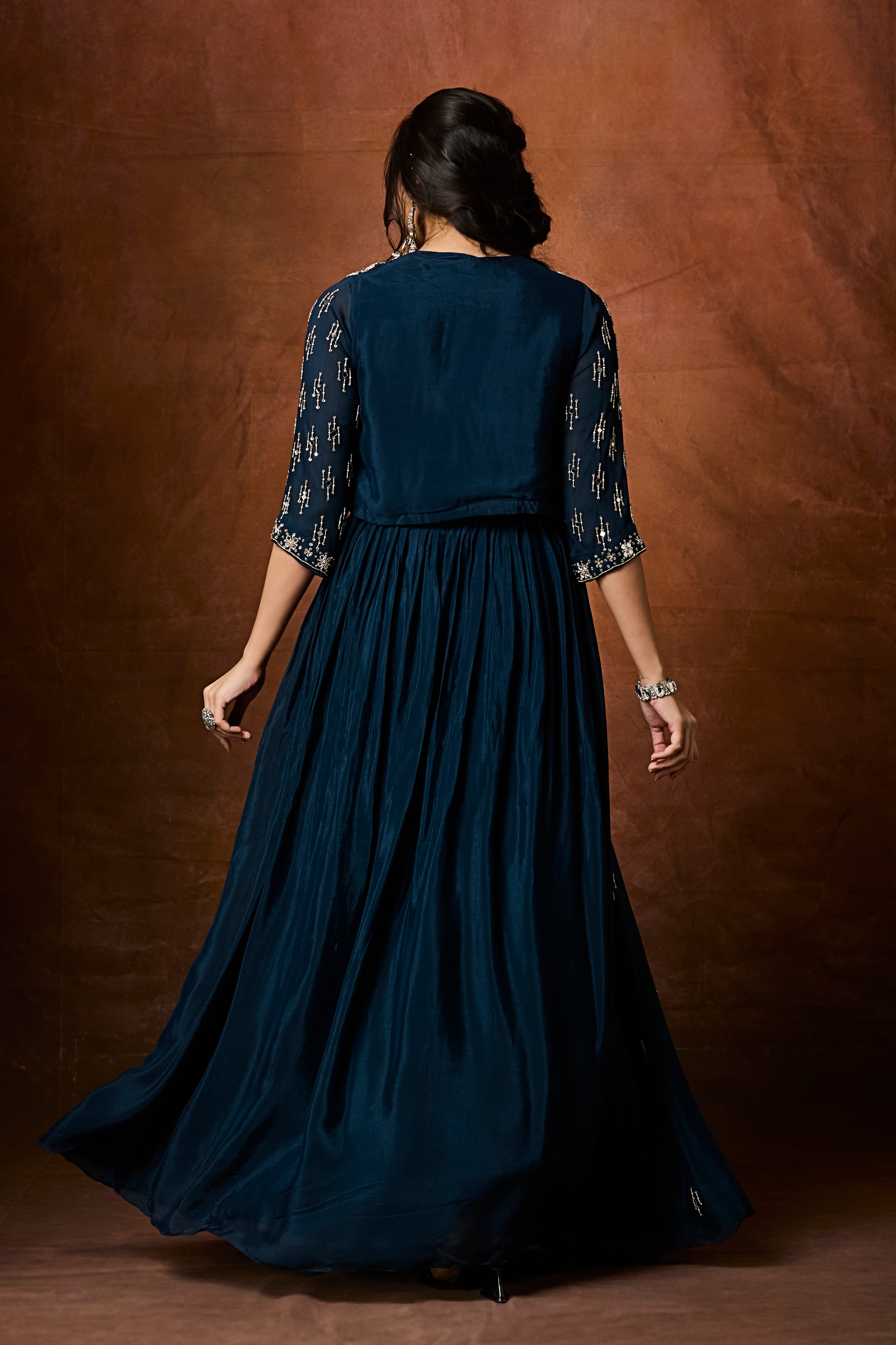 Deep Teal Embellished Chinon Silk Skirt Set