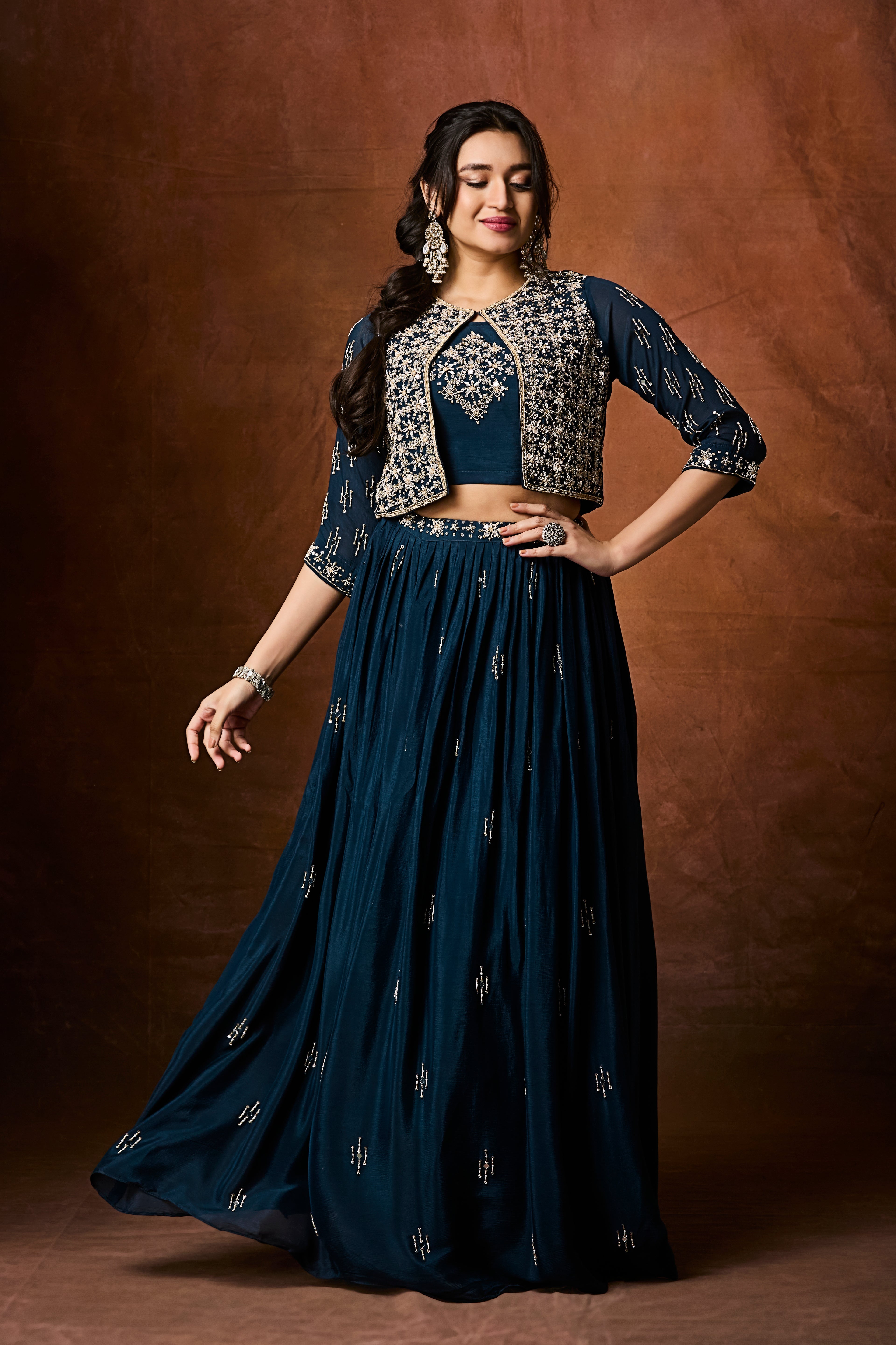 Deep Teal Embellished Chinon Silk Skirt Set