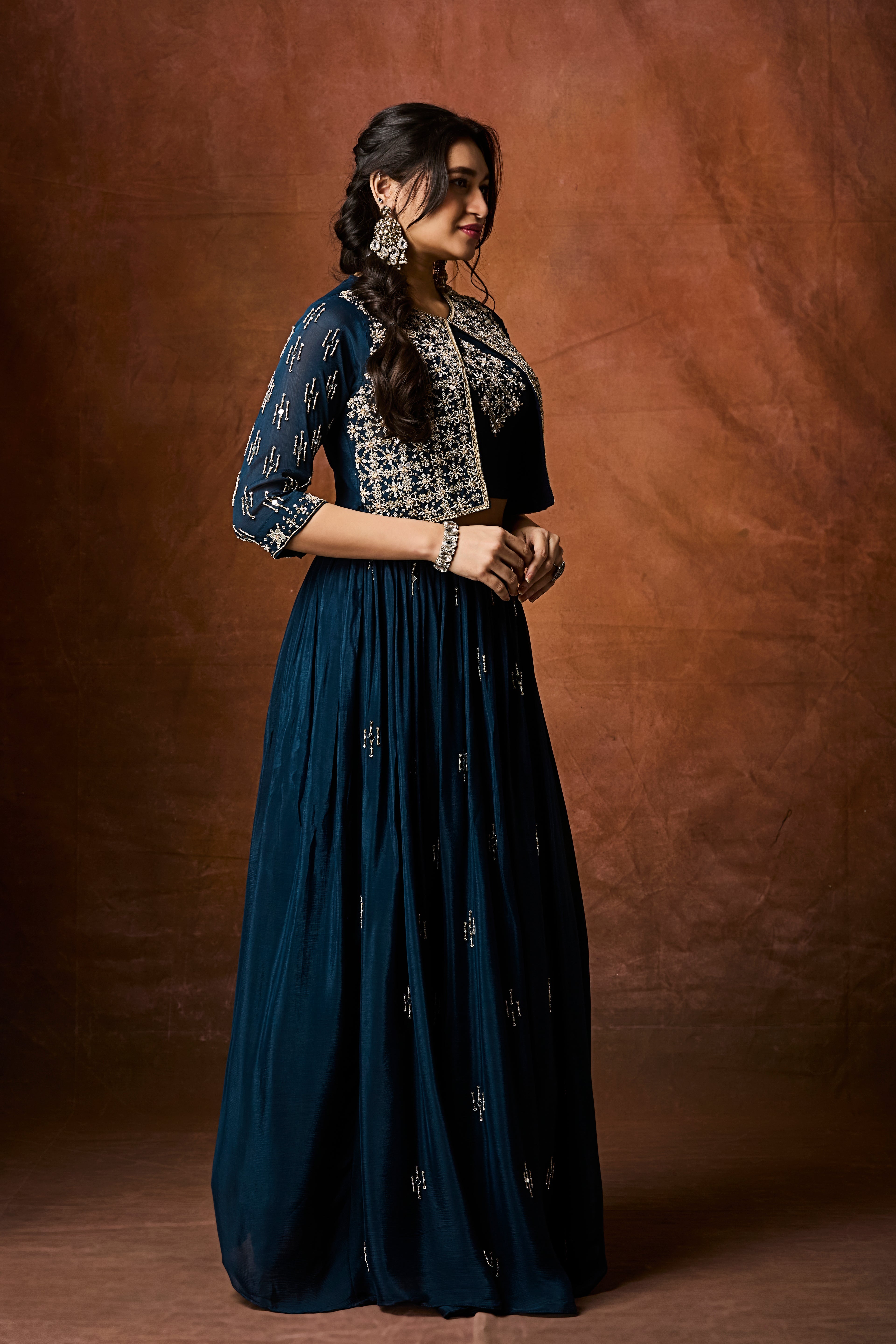 Deep Teal Embellished Chinon Silk Skirt Set