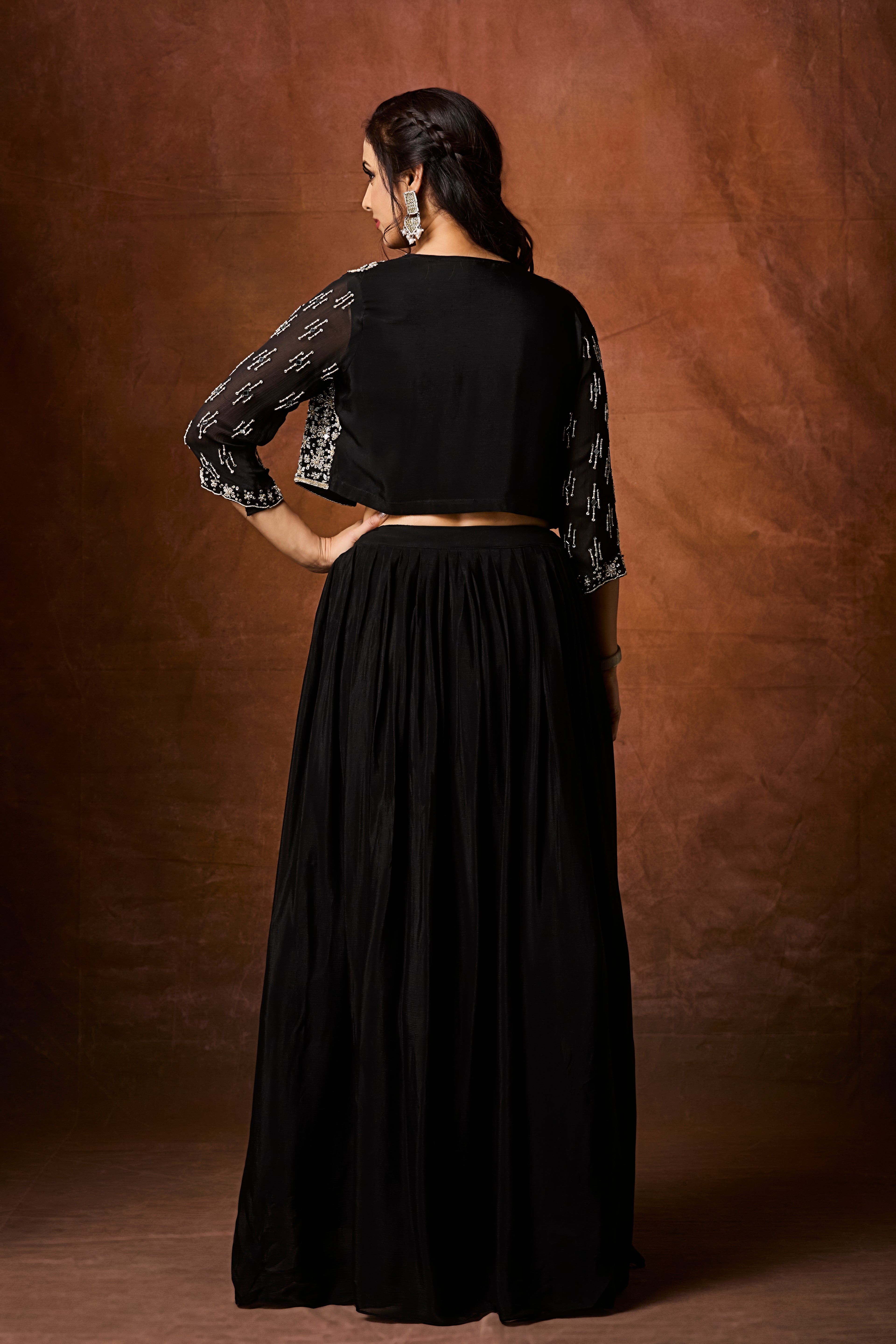 Jet Black Embellished Chinon Silk Skirt Set