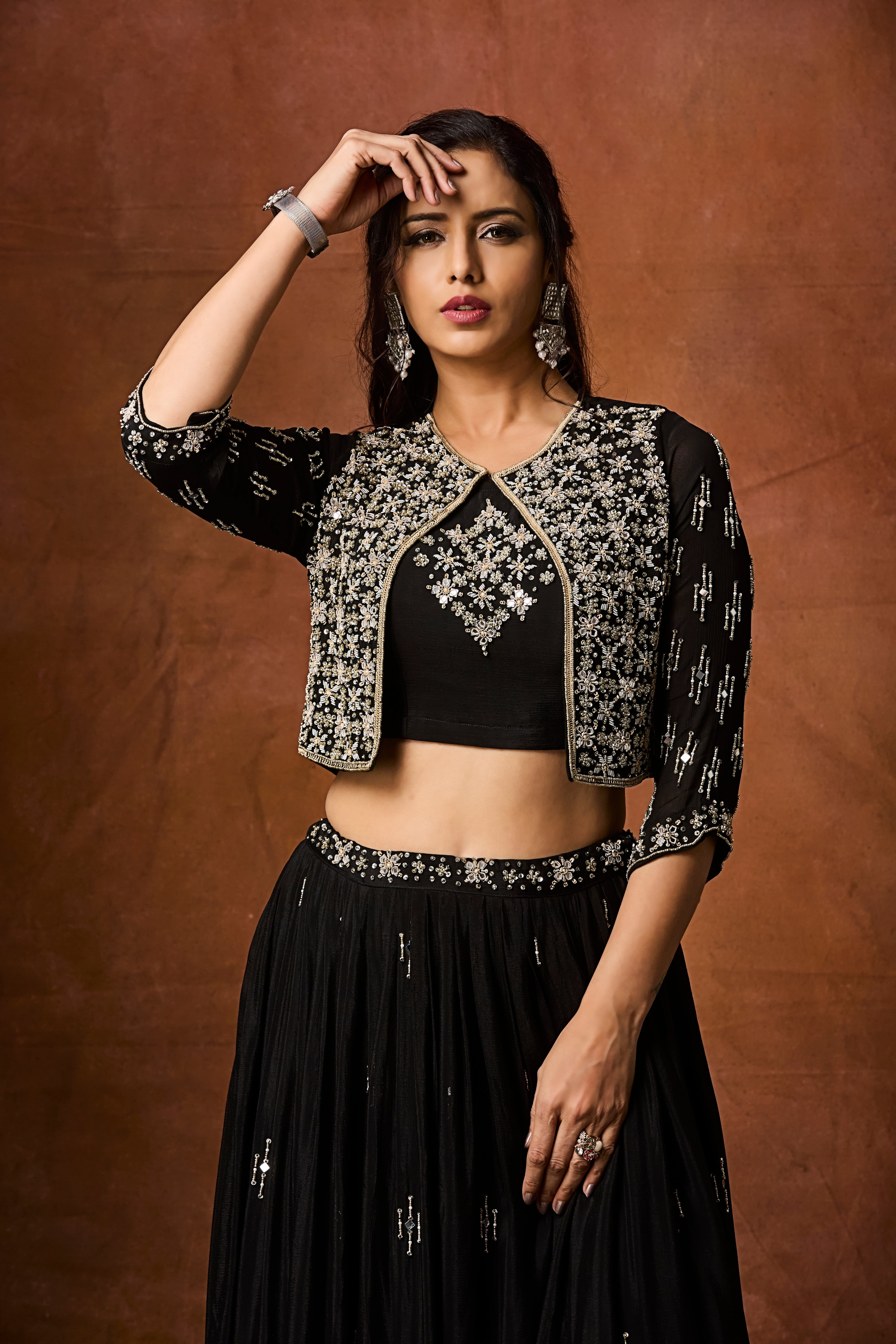 Jet Black Embellished Chinon Silk Skirt Set
