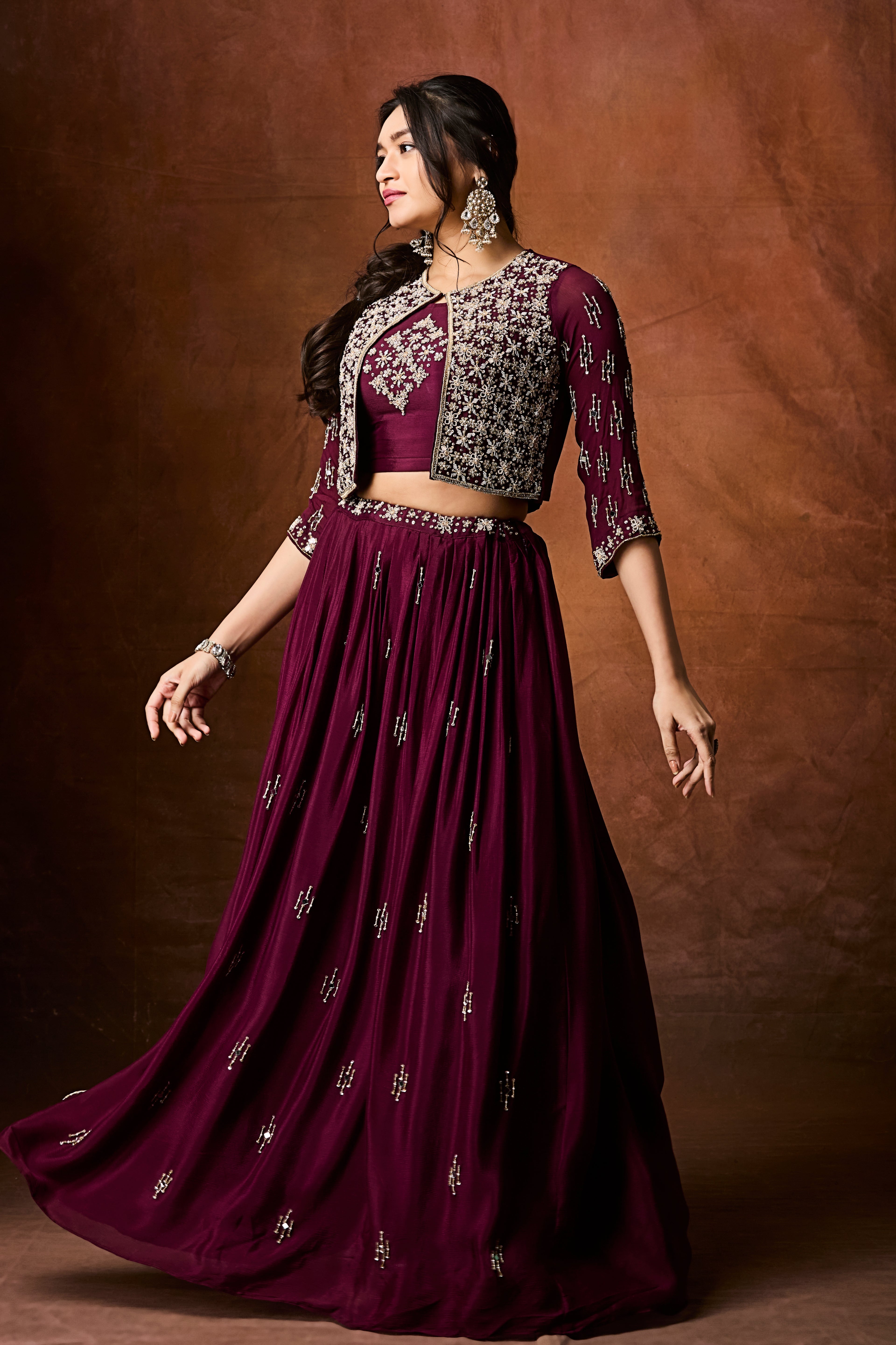 Deep Wine Embellished Chinon Silk Skirt Set