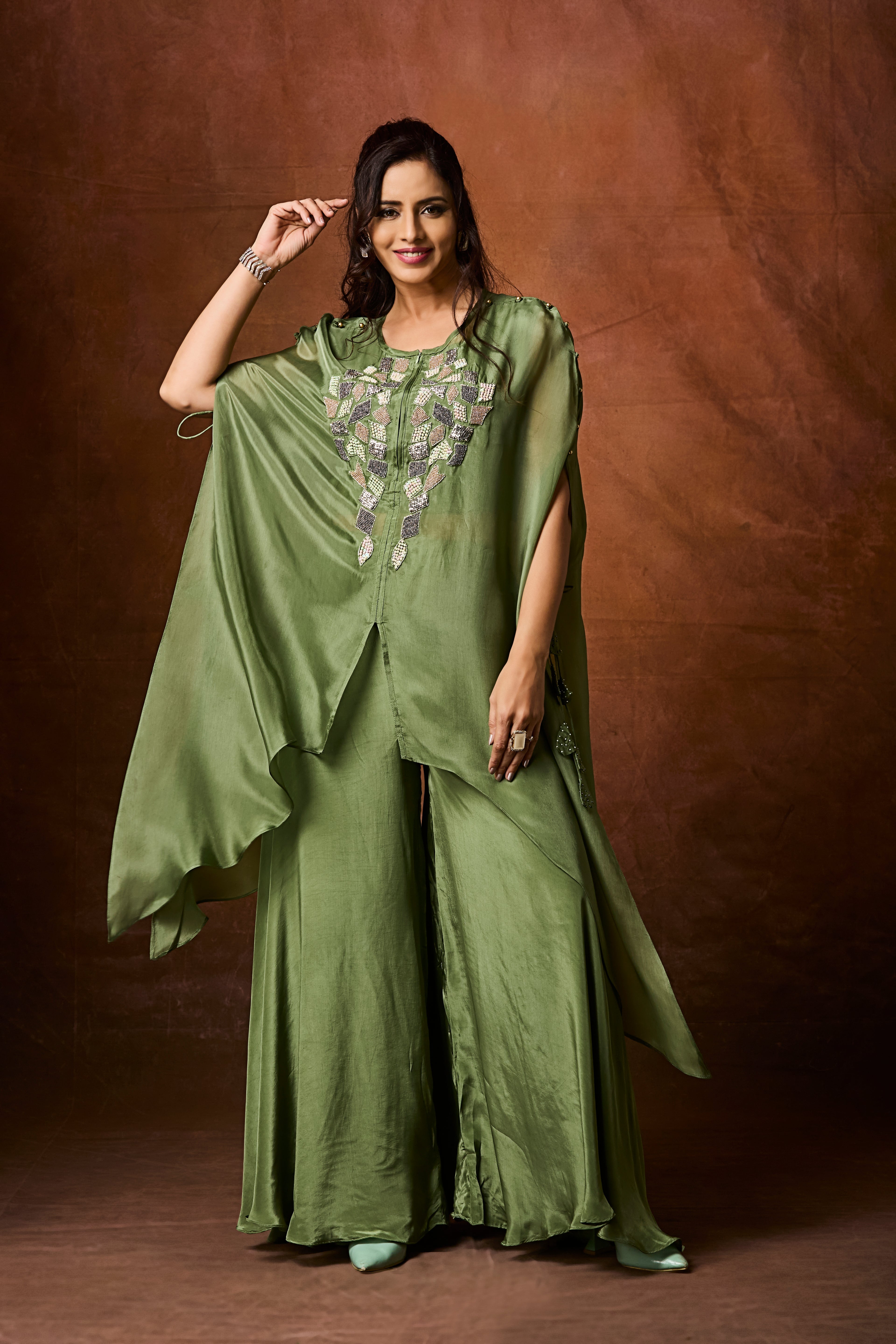 Dusty Green Embellished Organza Silk Kaftan Set