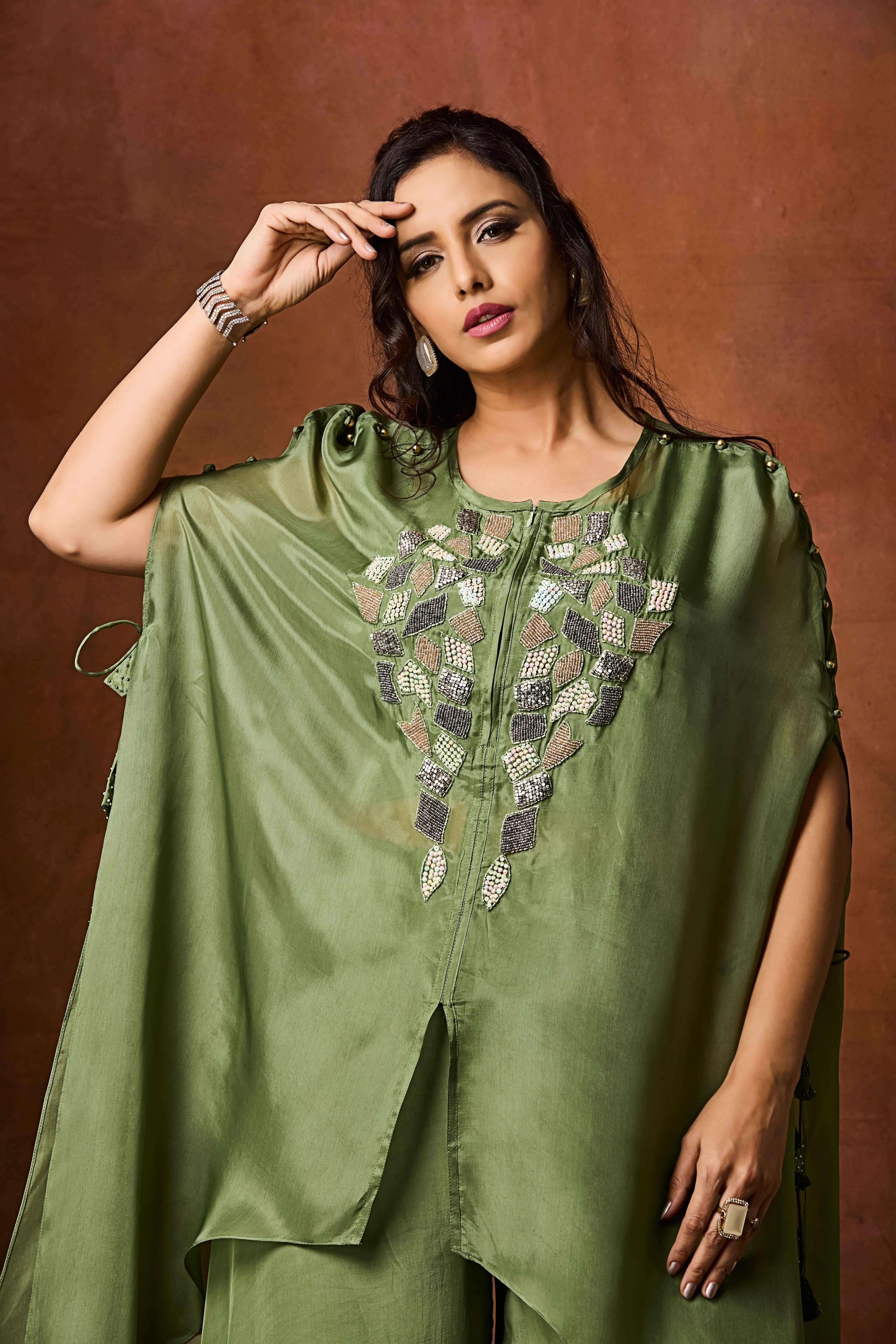 Dusty Green Embellished Organza Silk Kaftan Set