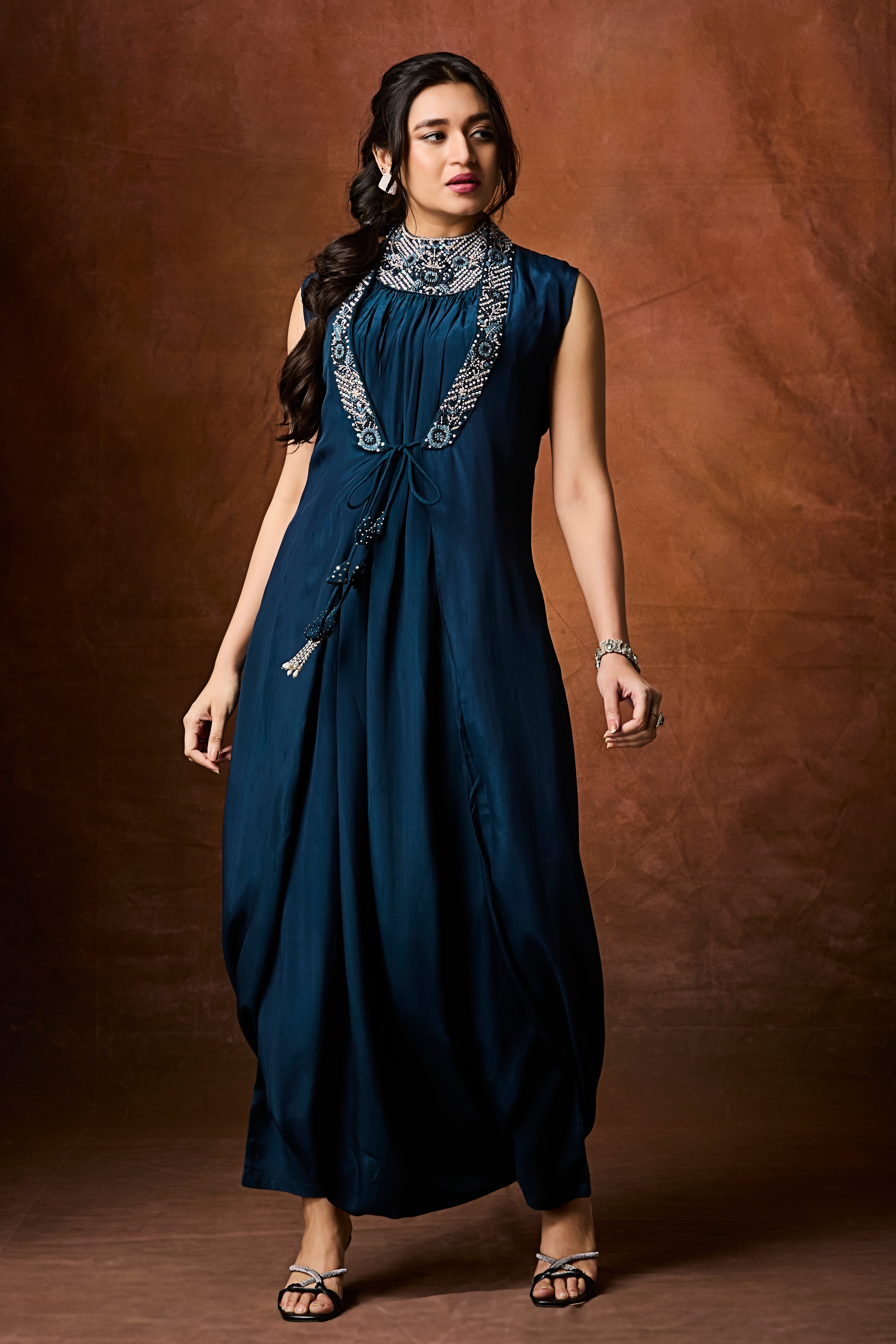 Midnight Teal Embellished Chinon Silk Cowl Dress