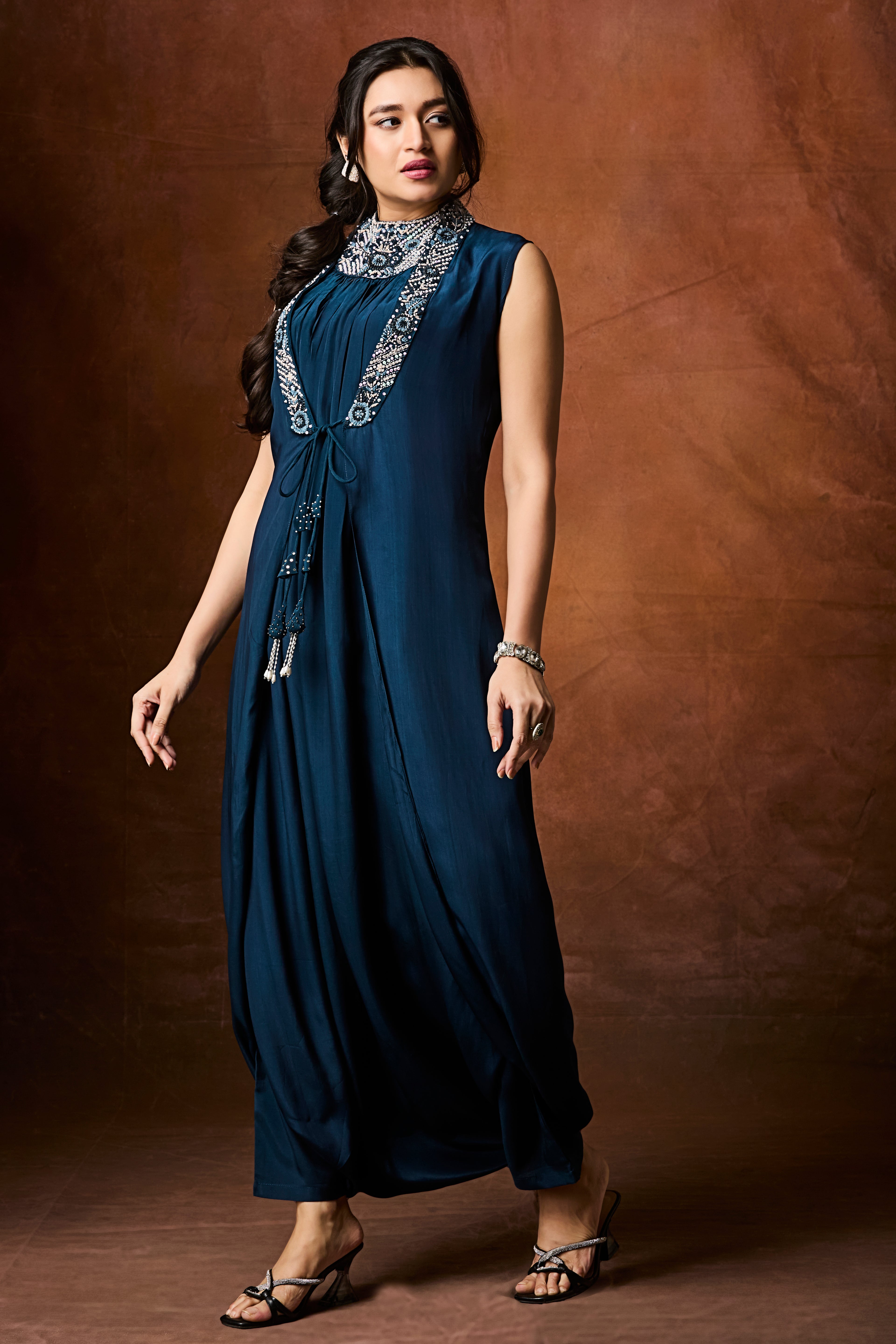 Midnight Teal Embellished Chinon Silk Cowl Dress
