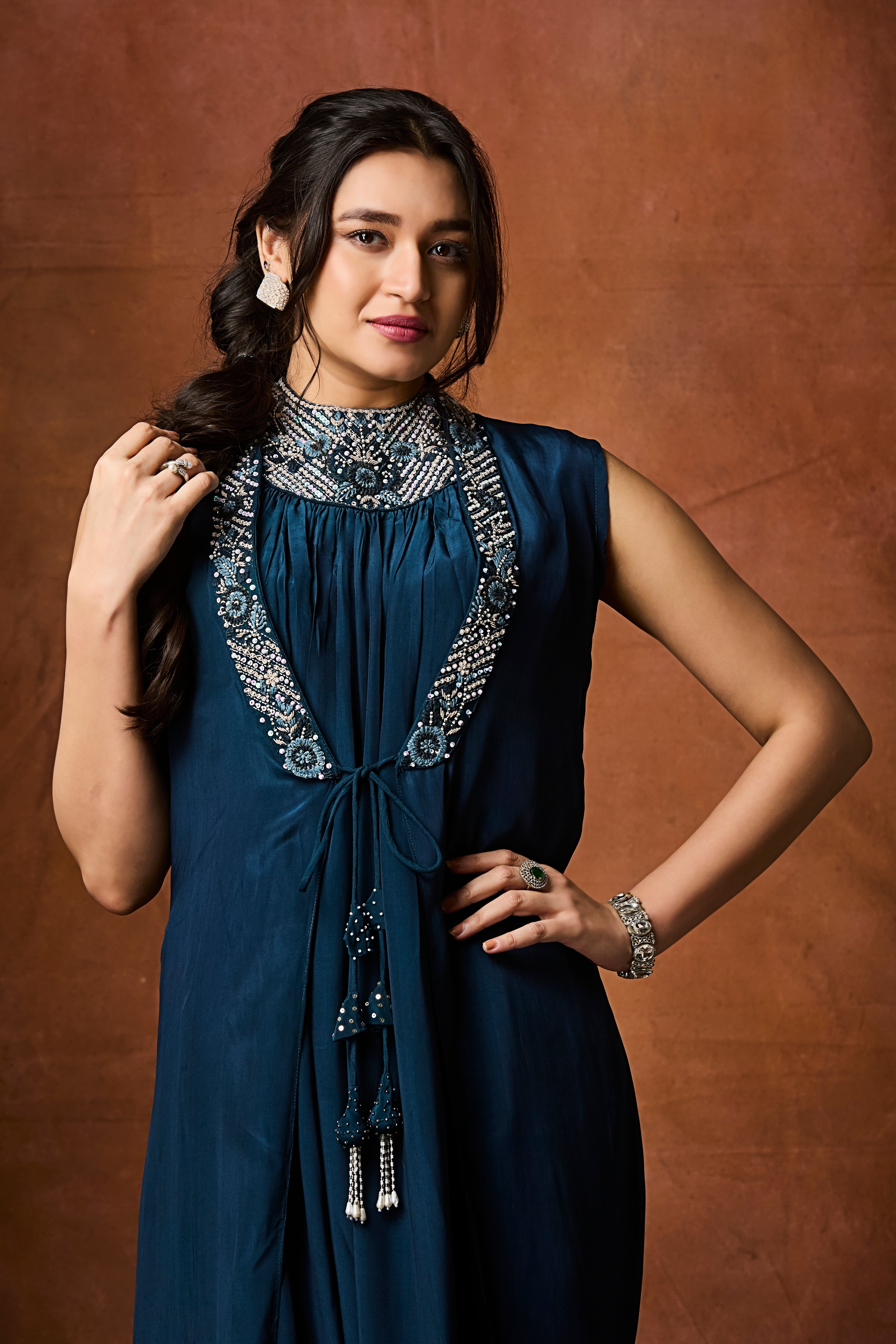 Midnight Teal Embellished Chinon Silk Cowl Dress