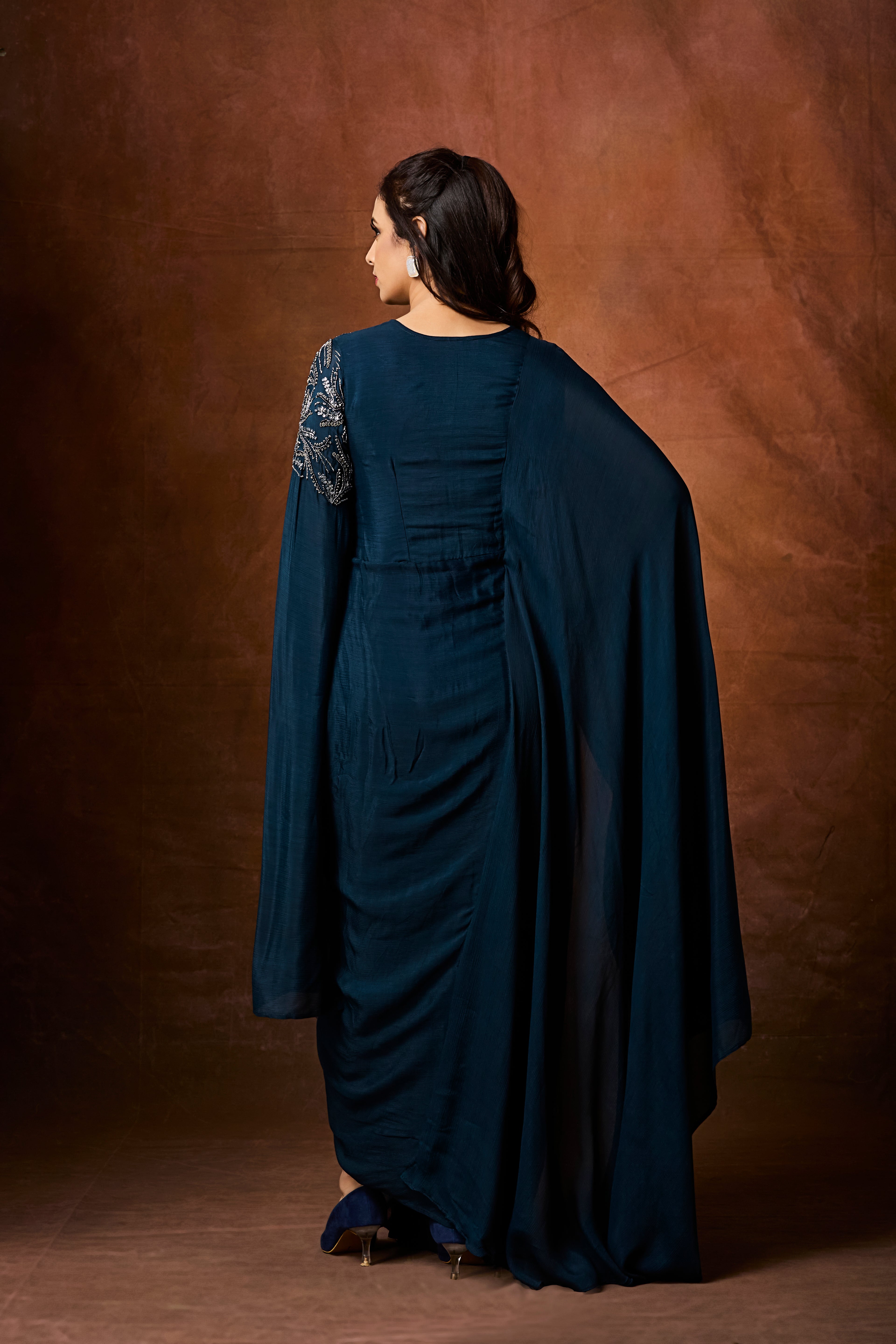 Deep Teal Embellished Chinon Silk Gown