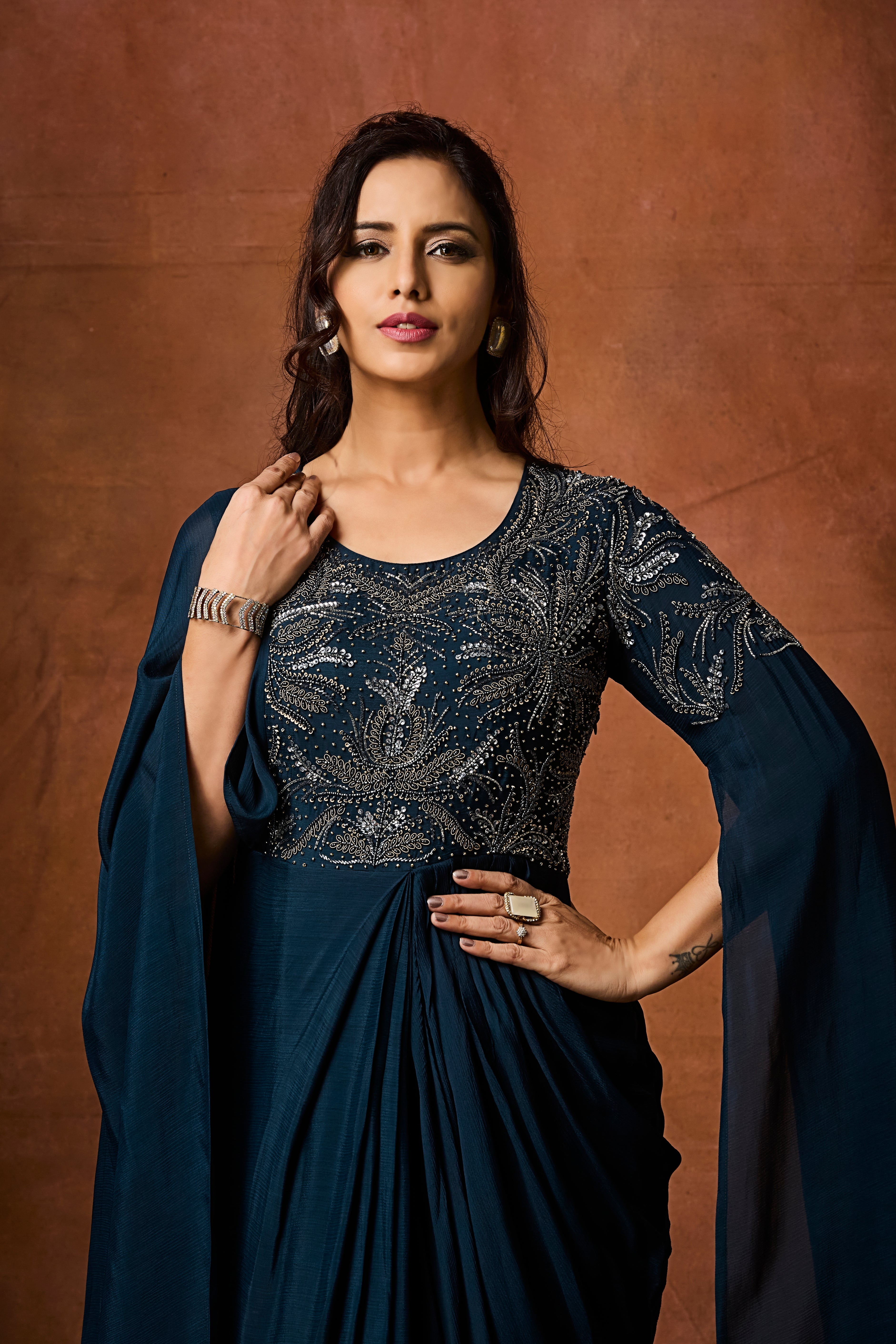 Deep Teal Embellished Chinon Silk Gown
