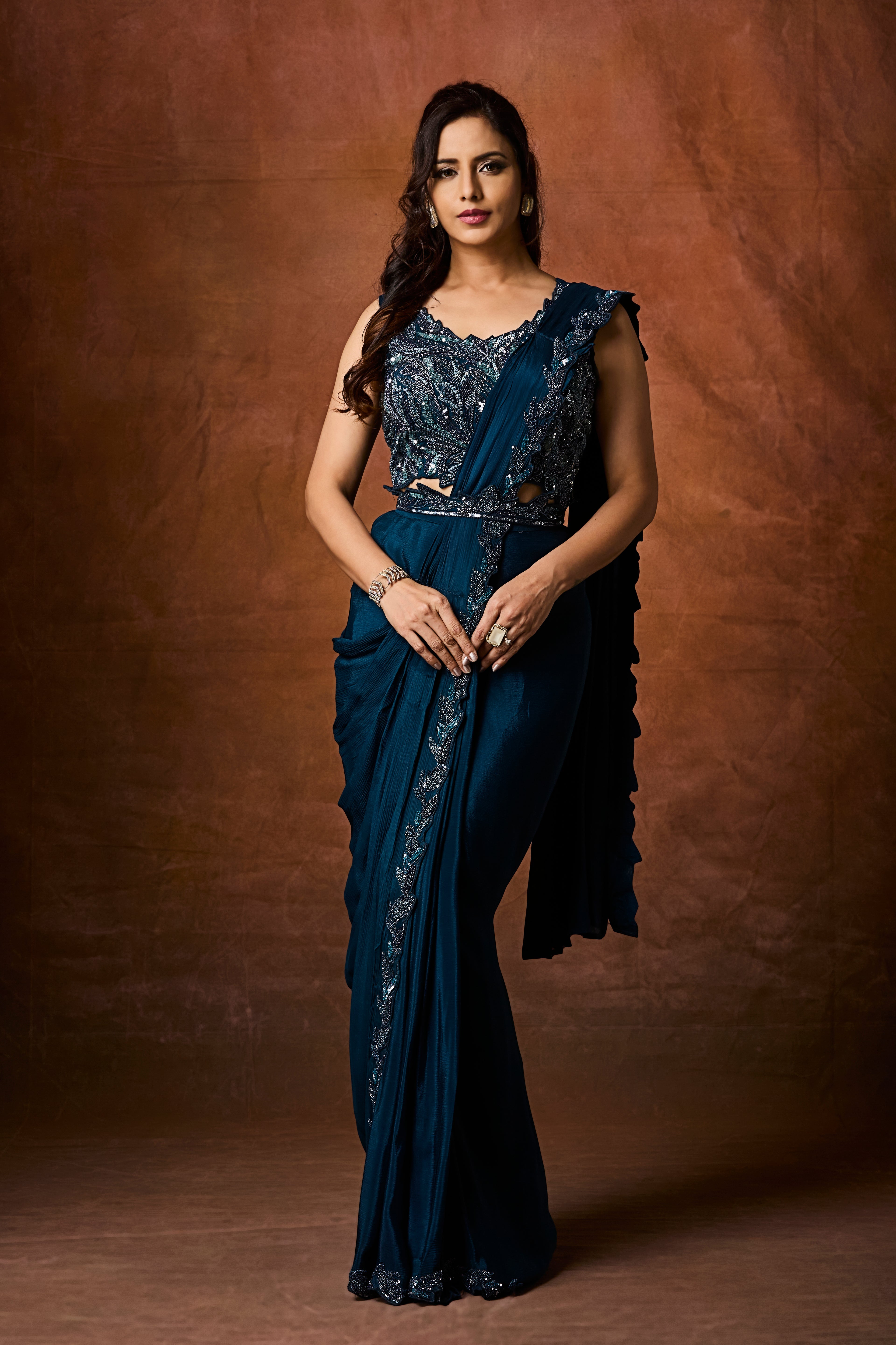 Dark Teal Embellished Chinon Silk Drape Saree