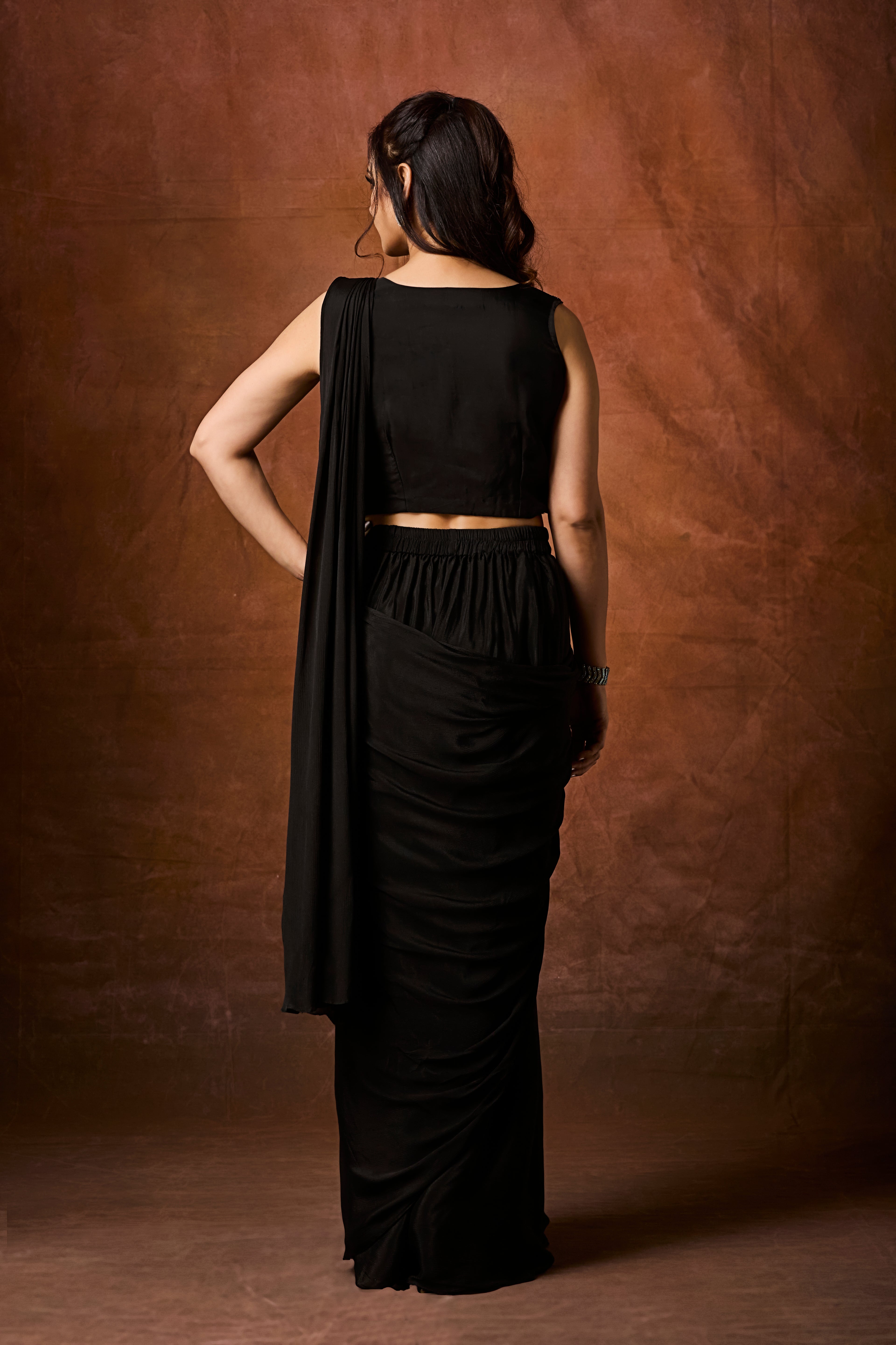 Classic Black Embellished Chinon Silk Drape Saree