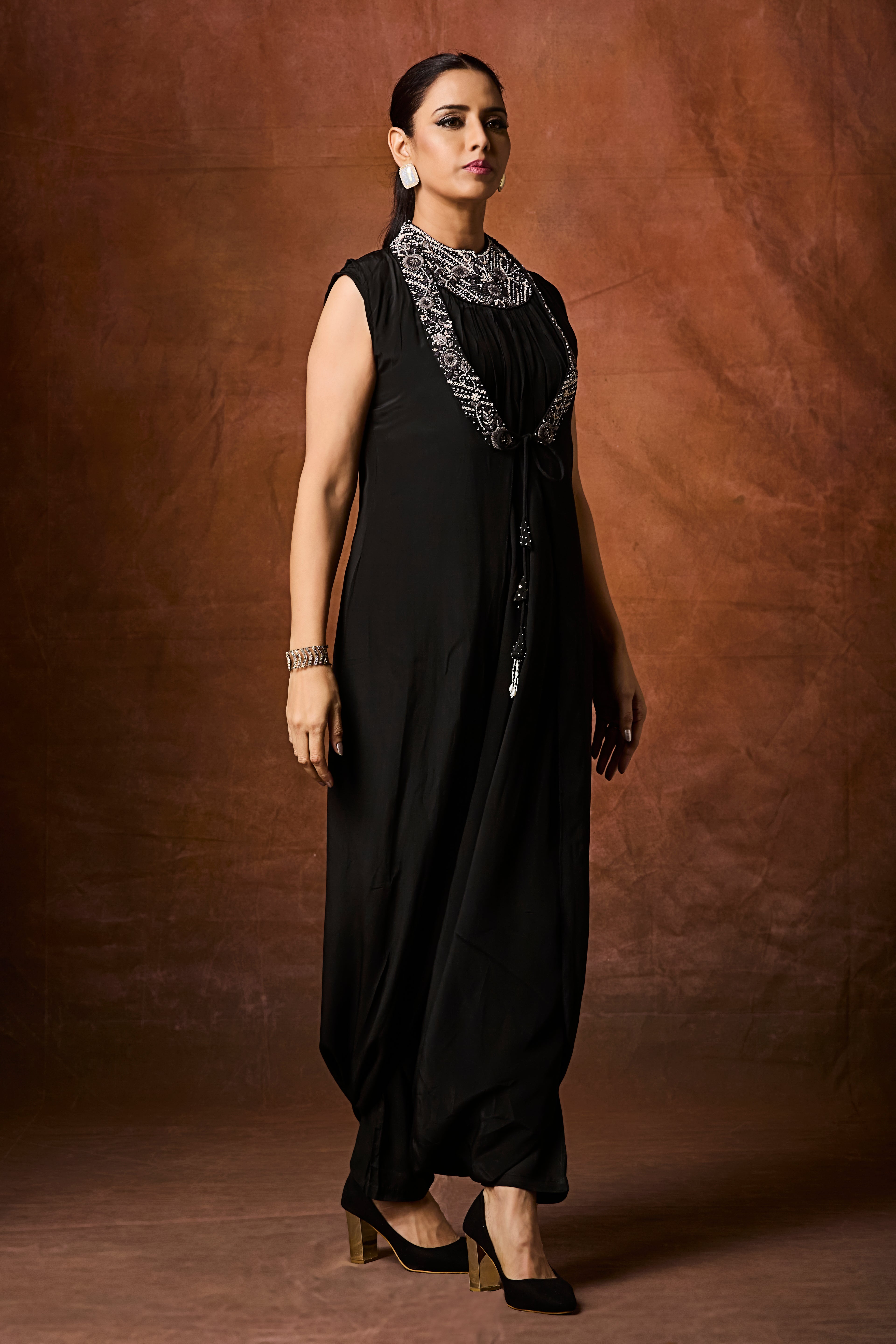 Rich Black Embellished Chinon Silk Cowl Dress