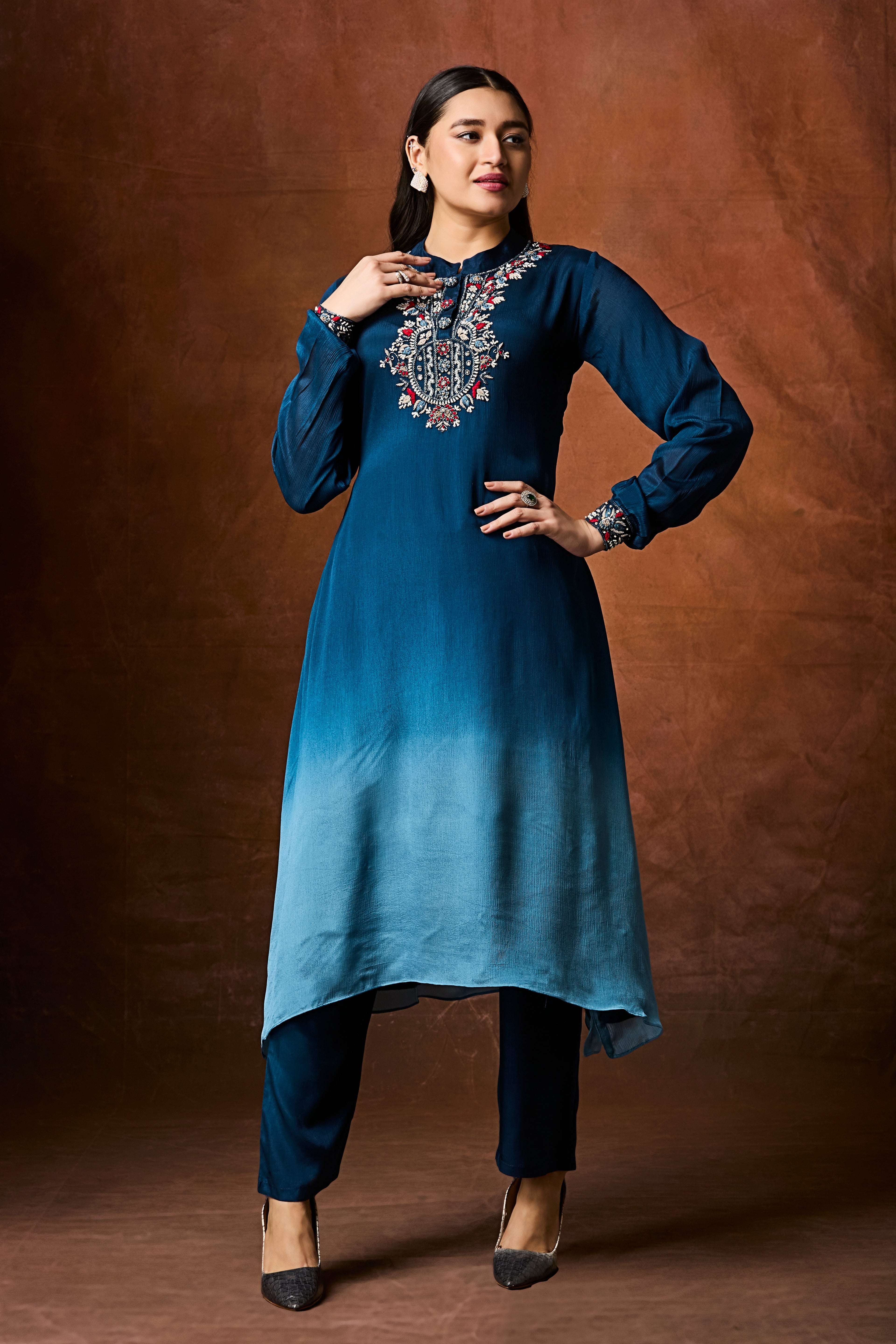 Deep Blue to Sky Blue Ombre Chinon Silk Kurta Set