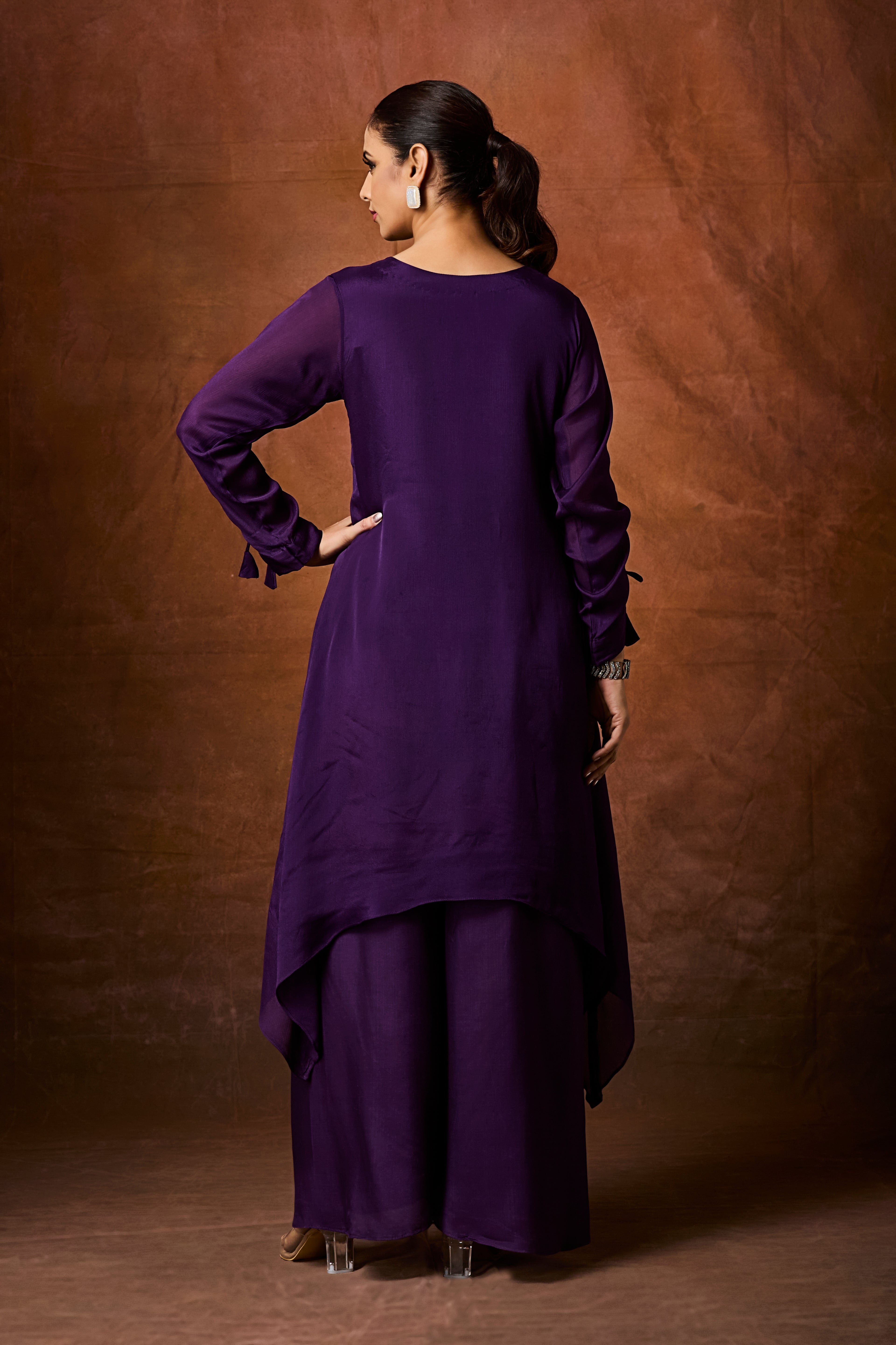 Dark Purple Embellished Chinon Silk Palazzo Set