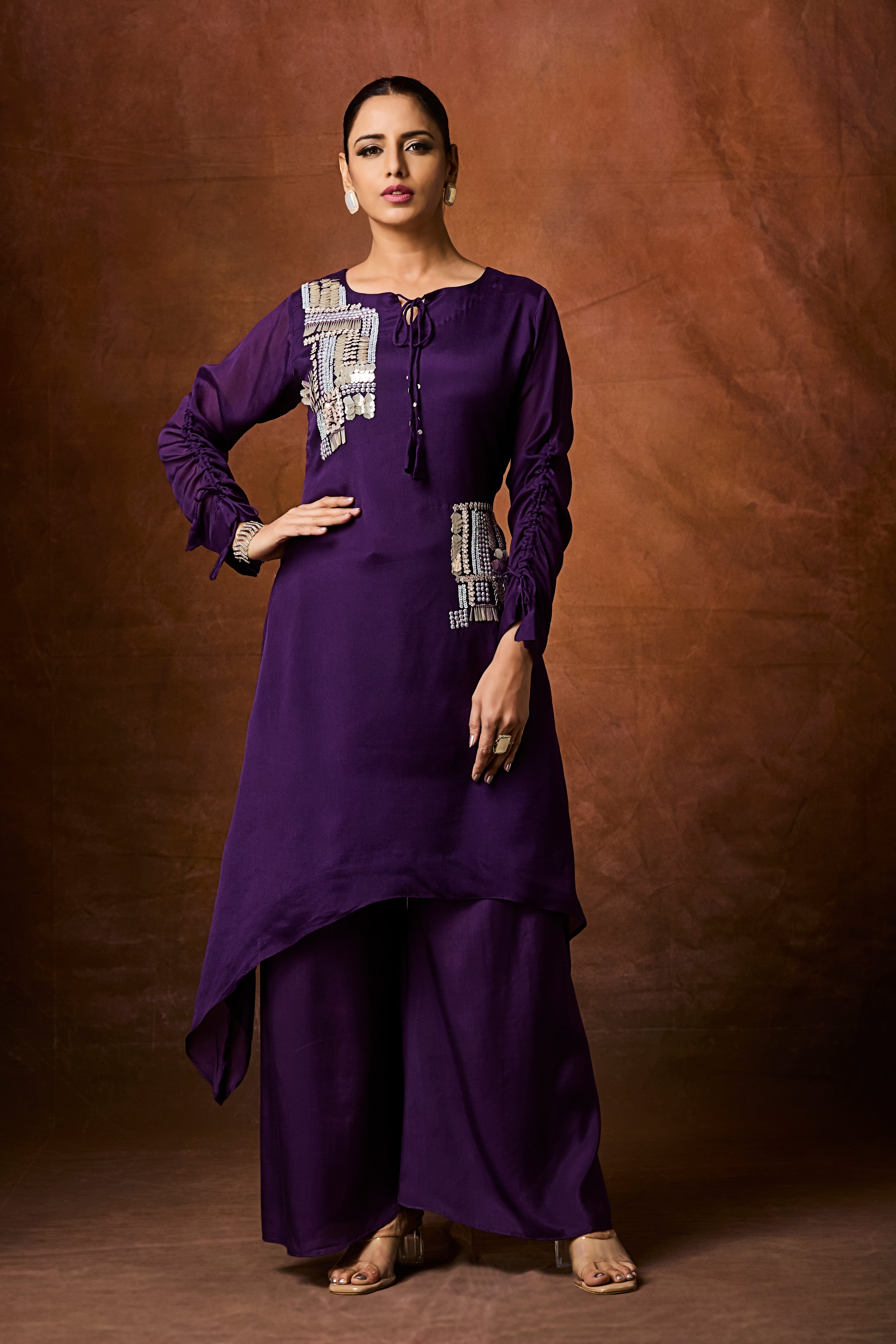 Dark Purple Embellished Chinon Silk Palazzo Set