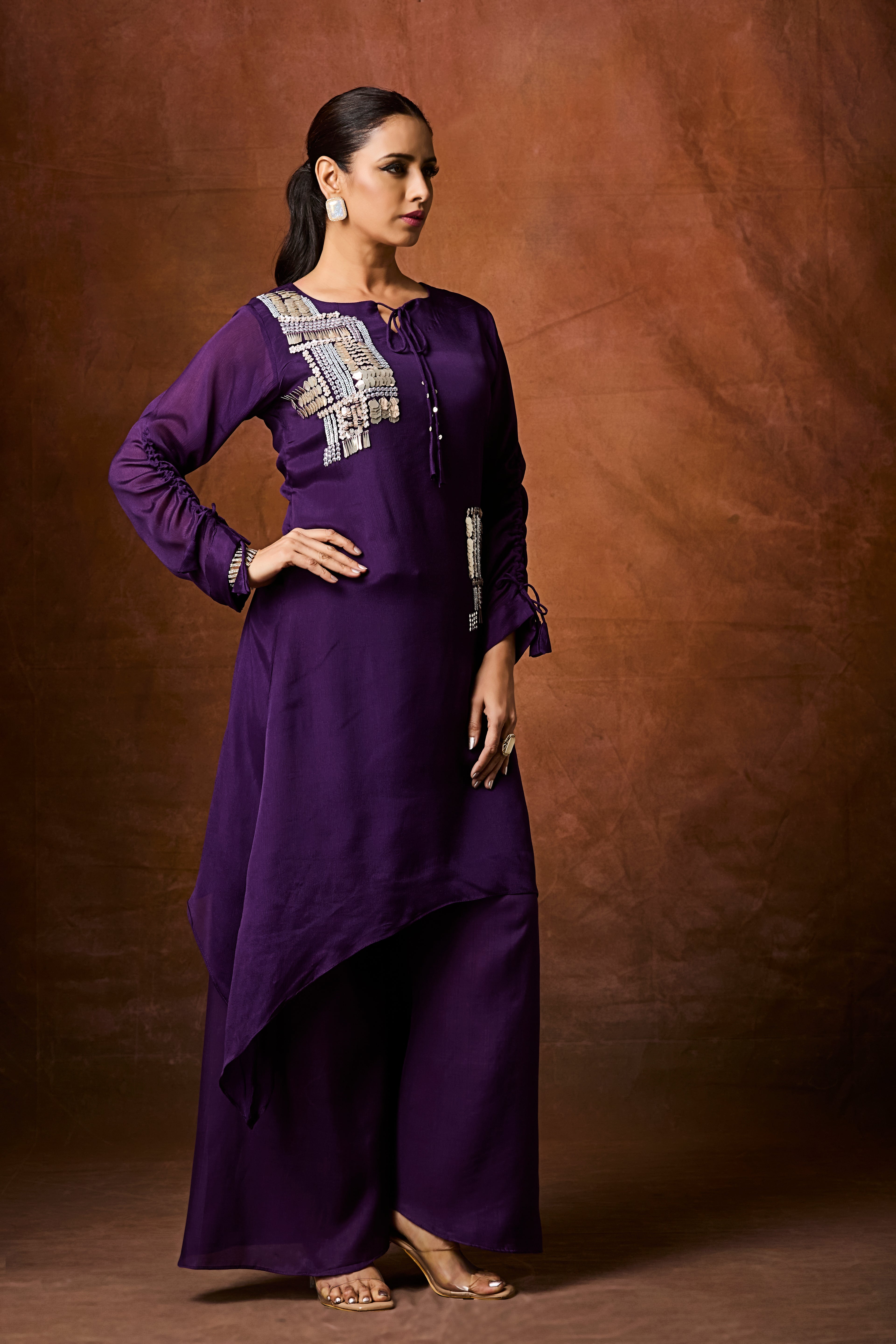 Dark Purple Embellished Chinon Silk Palazzo Set