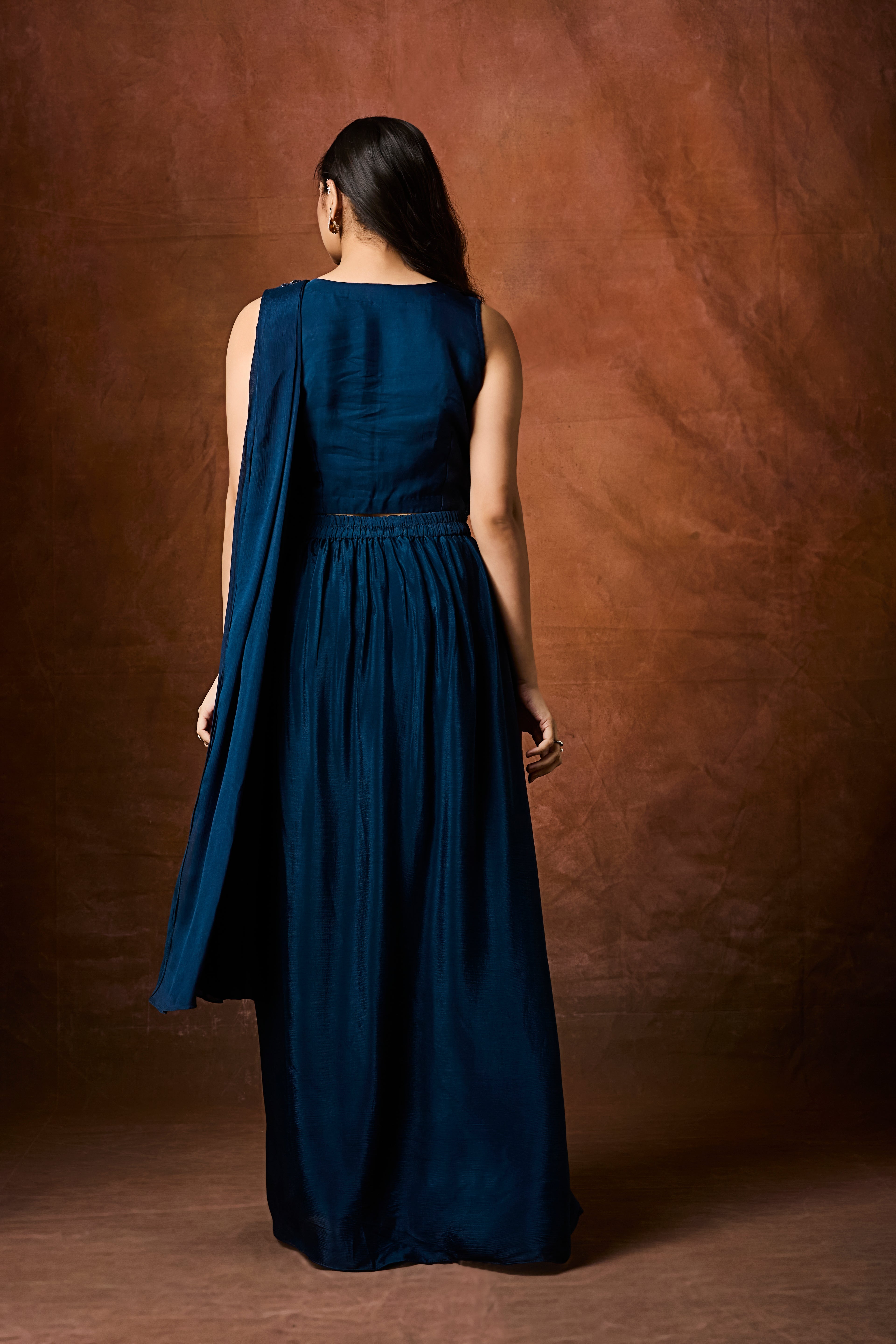 Deep Teal Embellished Chinon Silk Drape Saree